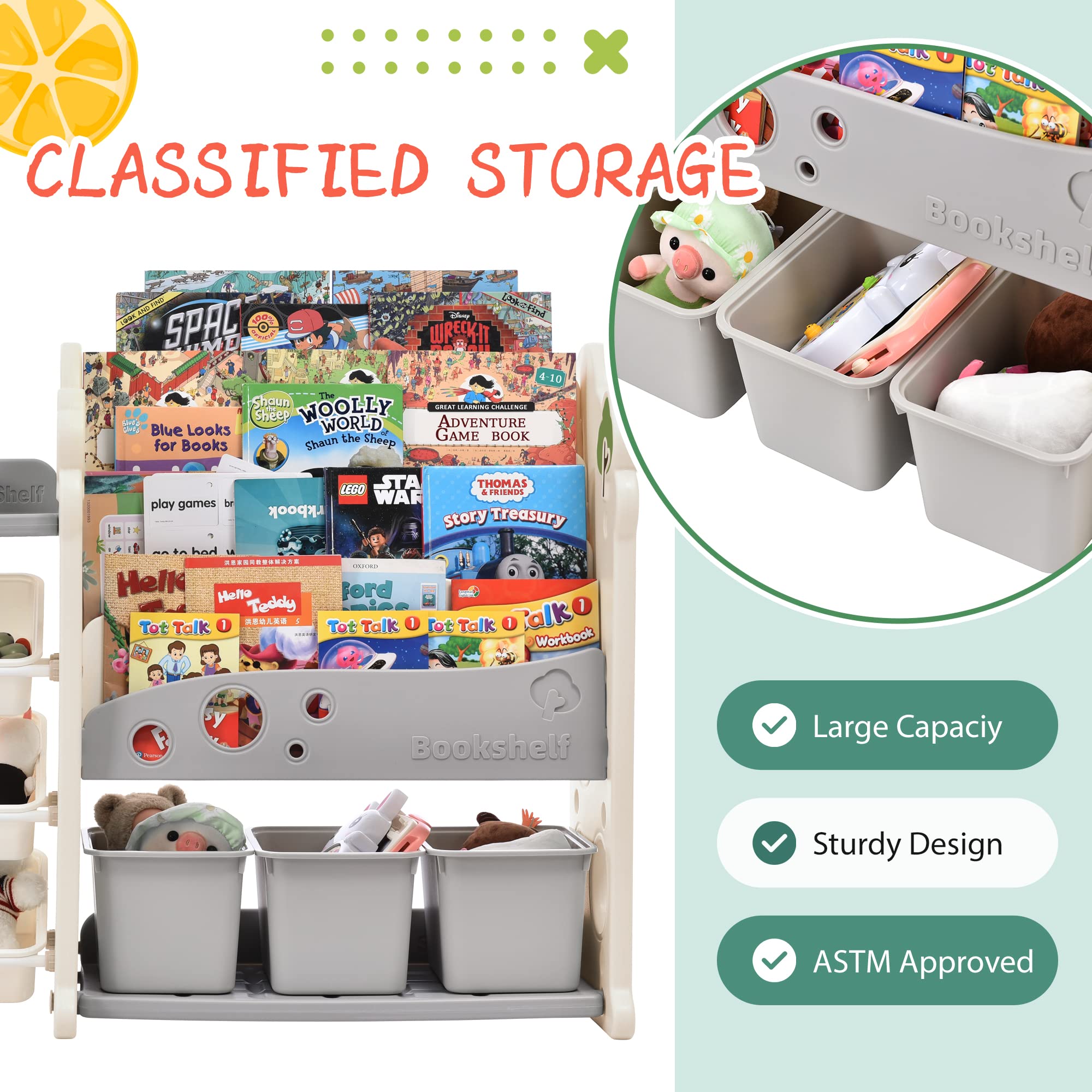 **17-Bin Toy Storage Organizer & 4-Tier Kids Bookshelf - All-in-One Gray Toy Box Chest for Kids Room, Classroom, Nursery - Perfect for Organizing Toys, Books, and Learning Supplies**