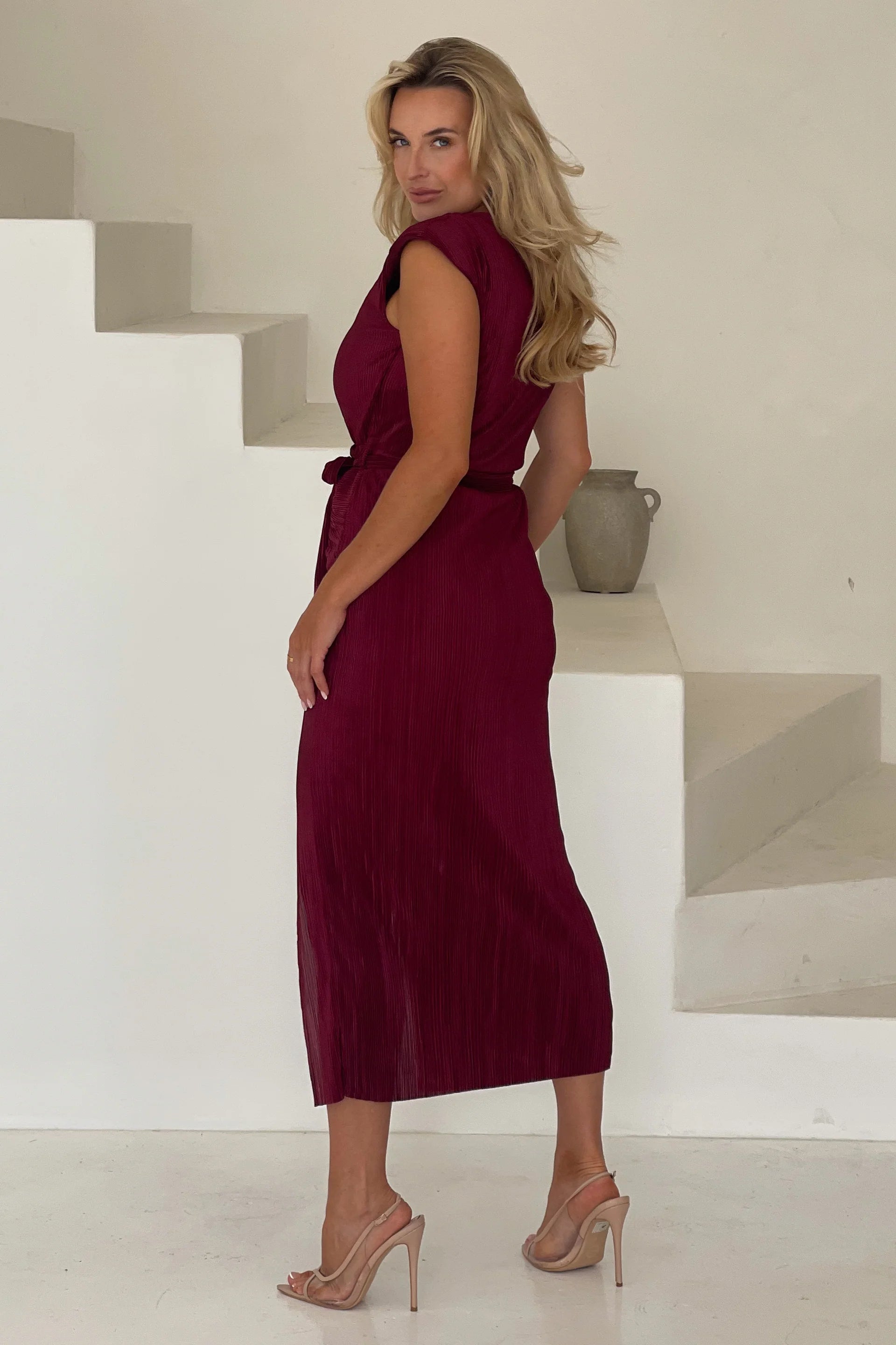Elena Ruched Seamed Midi Dress for Women - Elegant Wine Red Bodycon Party Dress for Cocktail, Wedding Guest, Date Night & Special Occasions
