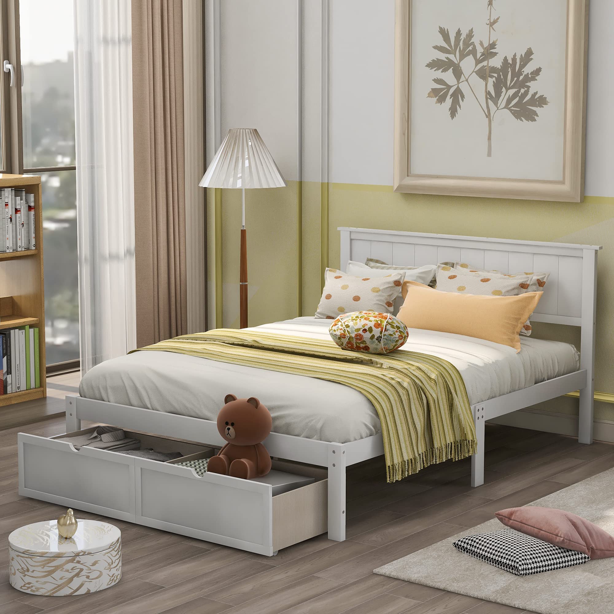 Merax Full Size Wooden Platform Bed Frame with Headboard & Storage Drawers - No Box Spring Needed - Perfect for Kids, Teens & Guest Rooms (White)