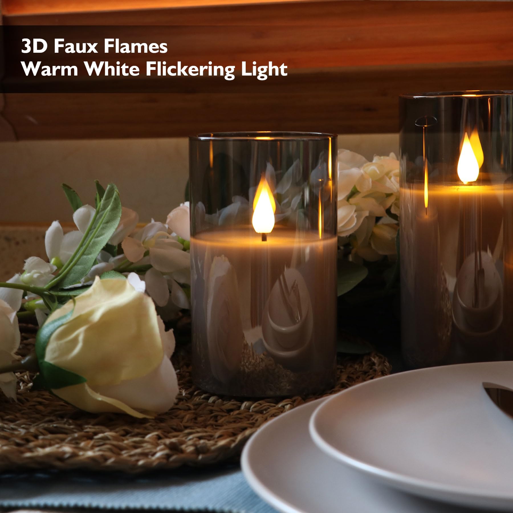 Rhytsing Gray Glass Battery Operated LED Candles with Remote - Flameless Candles Set with Warm White Light & 6 Batteries - Perfect for Home Decor, Wedding Centerpieces, Romantic Dinners & Holiday Lighting