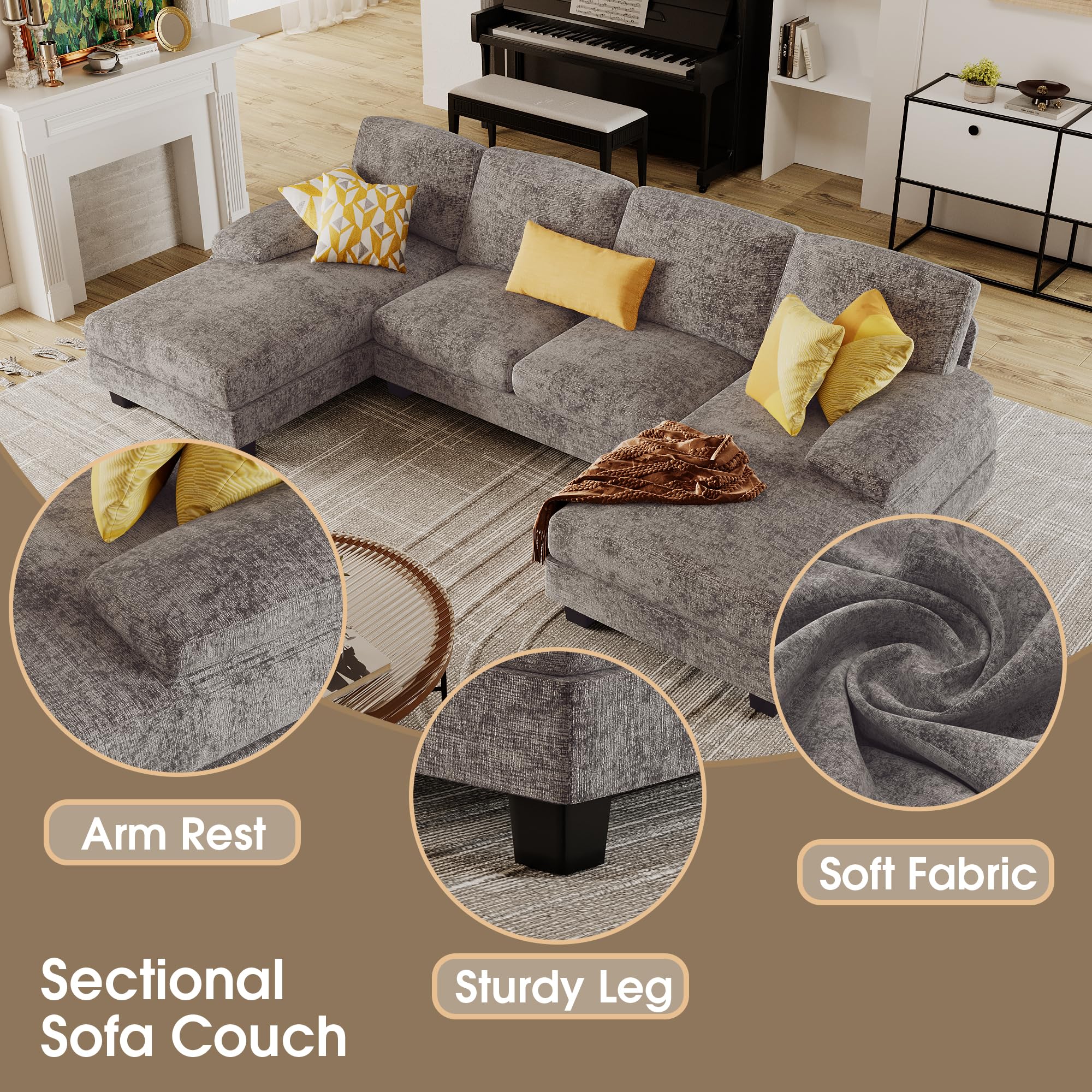 Furmax U-Shaped Sectional Sofa with Linen Fabric, 4-Seat Living Room Couch Set with Double Chaise Lounge - Modern Grey Fabric Sofa for Apartments & Small Spaces | Perfect for Family Gatherings, Movie Nights & Home Decor