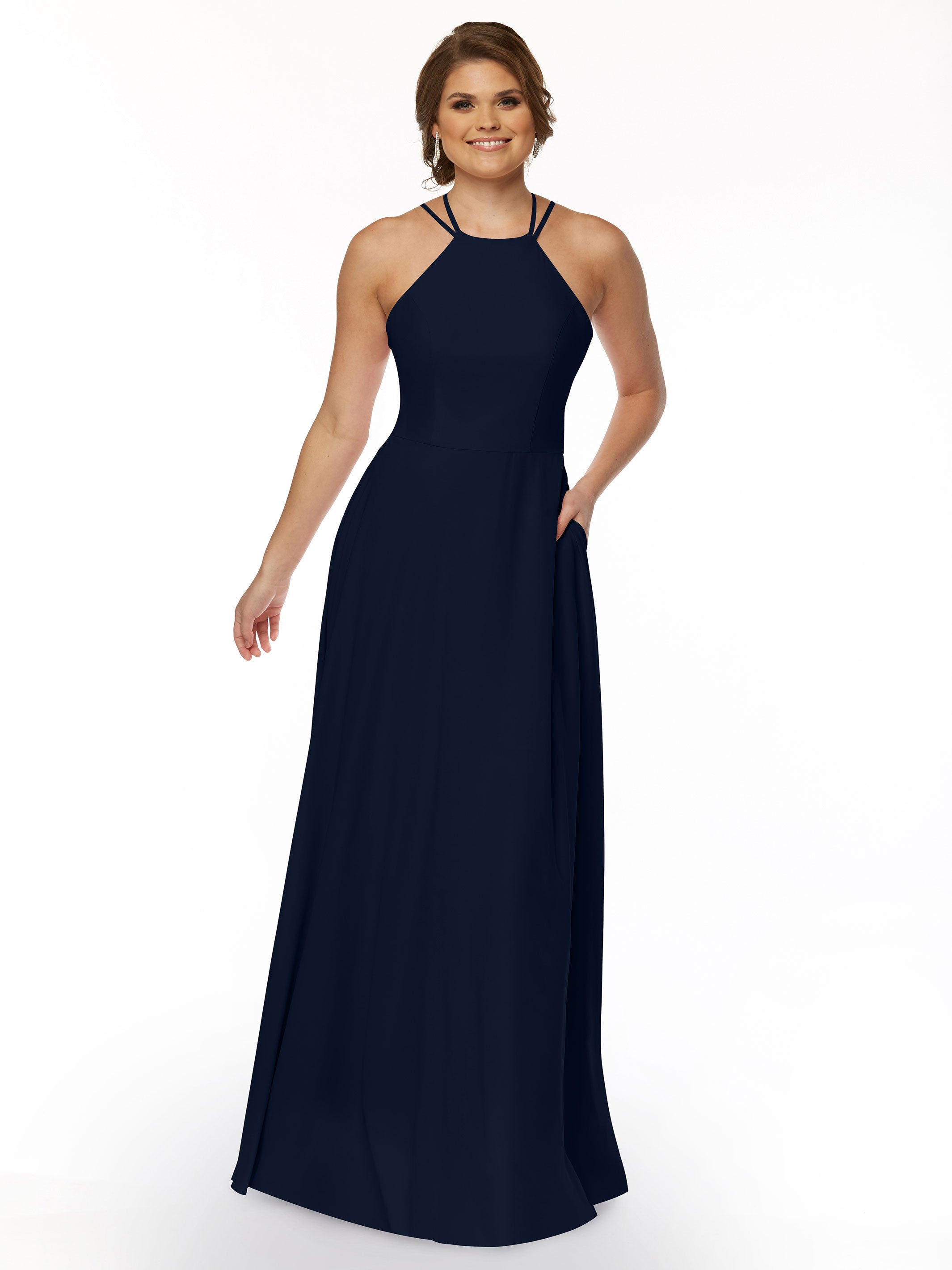 Elegant 83006 Stretch Chiffon A-Line Bridesmaid Dress with Halter Neckline - Perfect for Weddings, Formal Events & Special Occasions