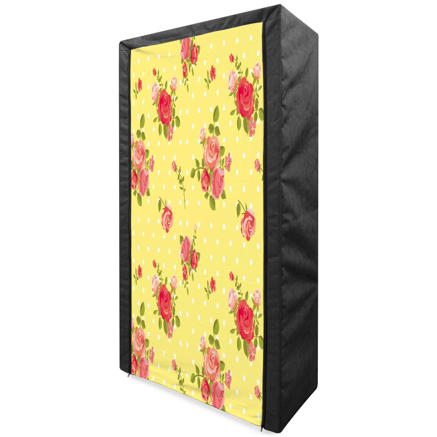 Ambesonne Rose Portable Fabric Wardrobe - Vintage Floral Pattern Clothing Organizer with Shelves, 33.5 Inch Closet Storage for Bedroom, Yellow Coral Green | Perfect for Small Spaces, Dorm Rooms & Guest Rooms