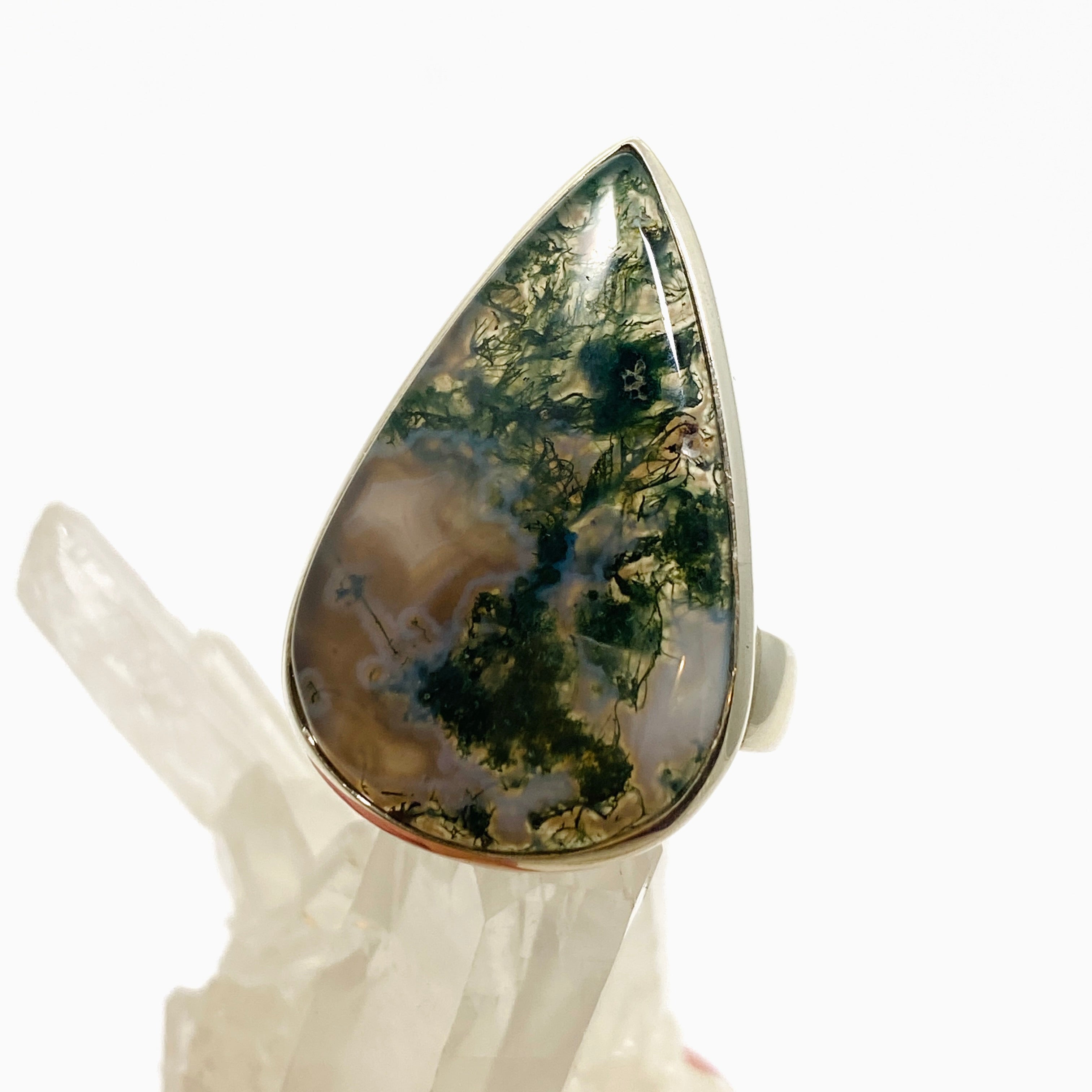 Natural Moss Agate Teardrop Cabochon Ring - Size 11 | Handmade Sterling Silver Jewelry for Women | Perfect for Boho Style, Wedding & Everyday Wear