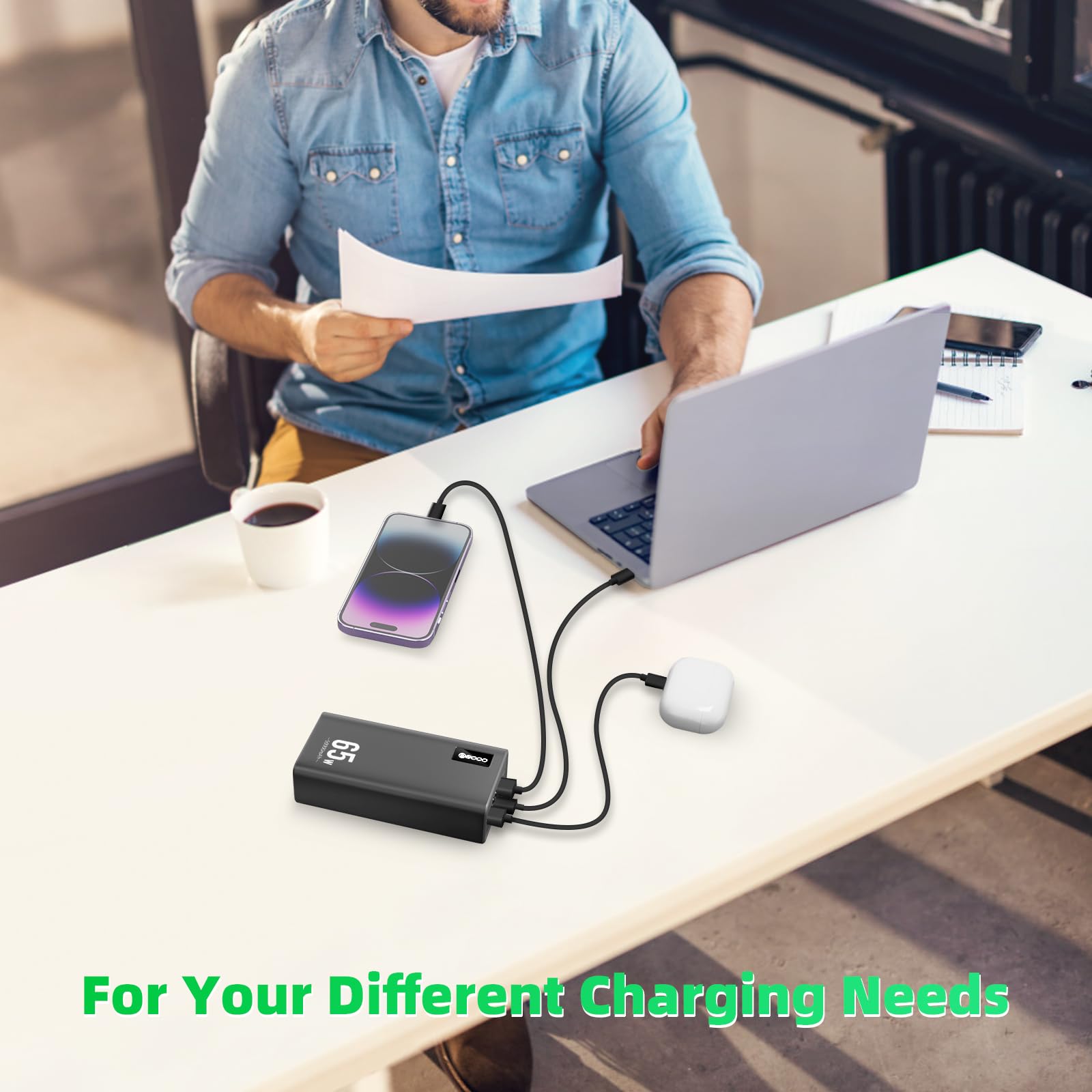65W 50000mAh PD Fast Charging Power Bank - USB C Portable Laptop Charger Compatible with MacBook, Dell, iPhone 14/13, Tablets & More - 3 Outputs & 1 Input (Black) | Perfect for Travel, Work & Outdoor Adventures