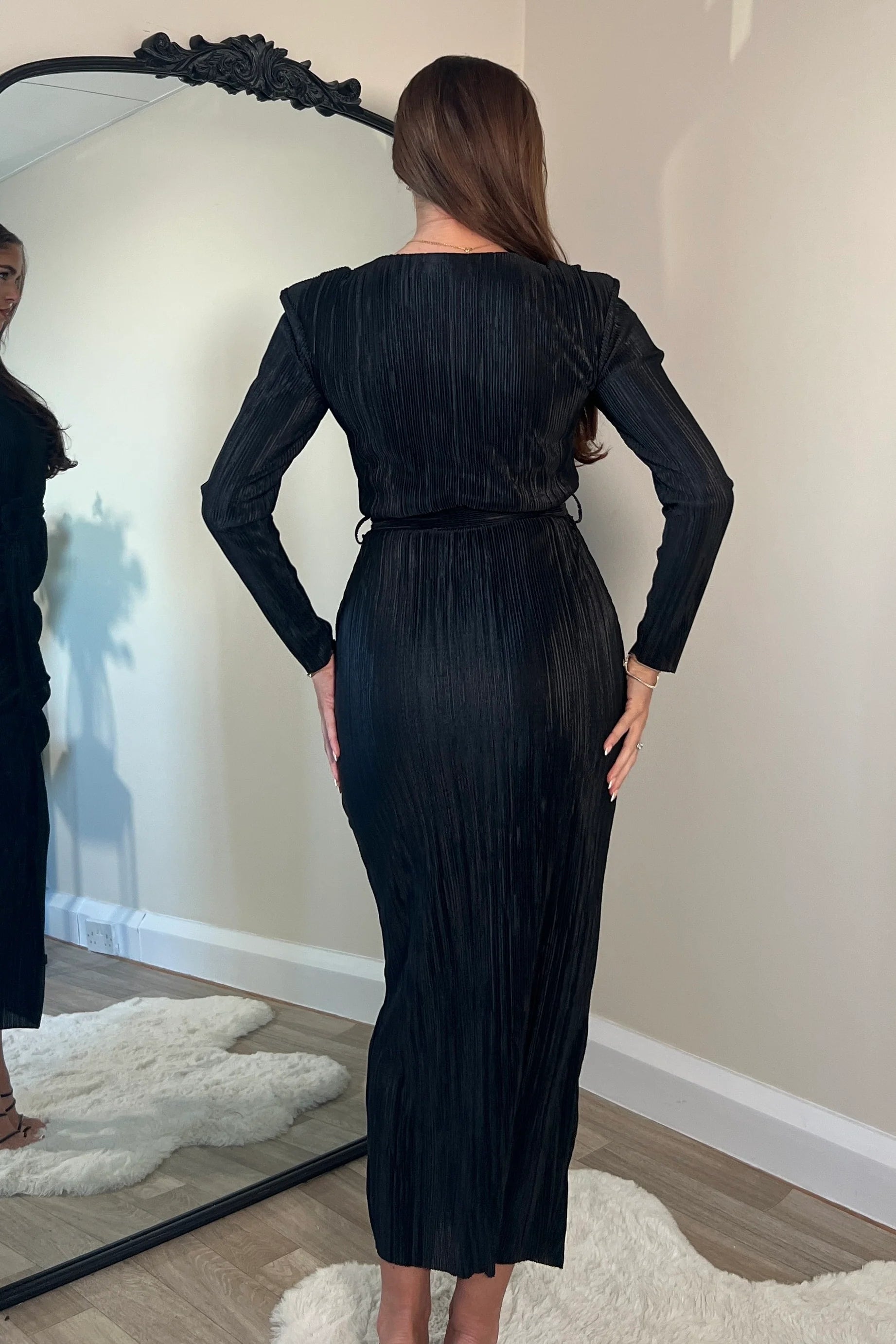 Elena Long Sleeve Ruched Seamed Midi Dress for Women - Elegant Black Bodycon Dress for Party, Wedding & Evening Occasions