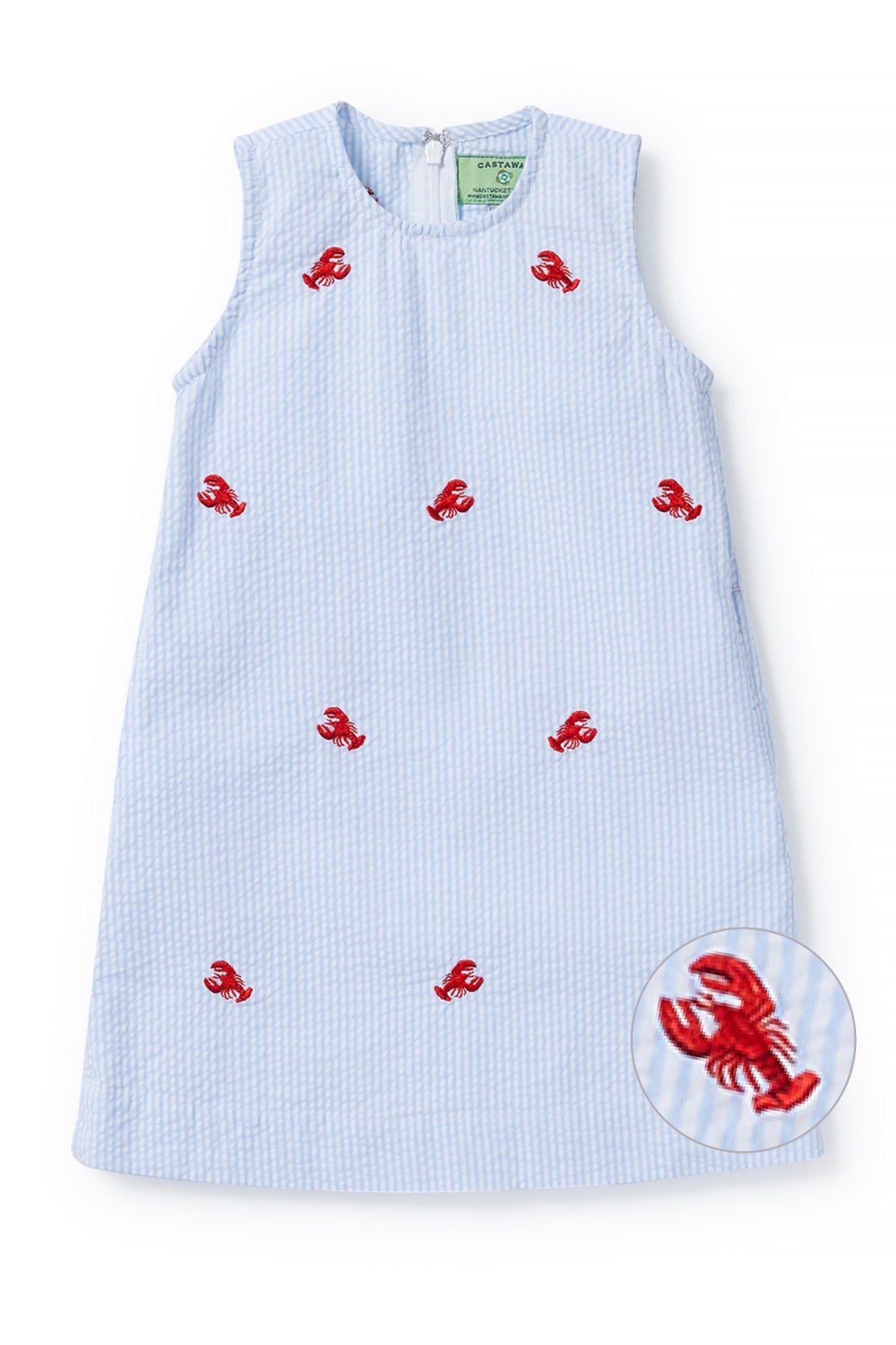 Girls' Blue Seersucker Shift Dress with Lobster Print - Perfect for Summer Outings and Beach Vacations