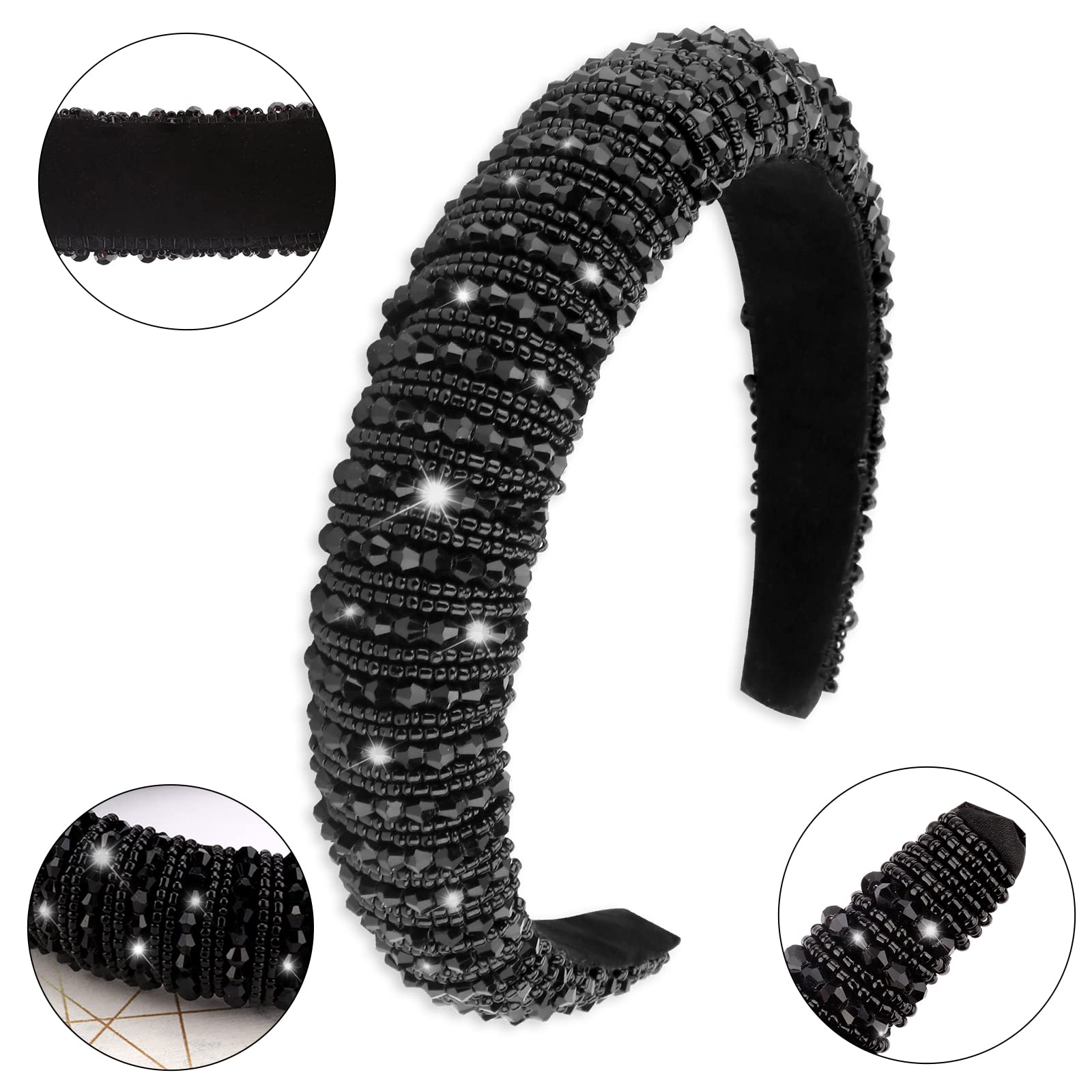 Sparkling Rhinestone Headband for Women - Elegant Crystal Beaded Hair Band with Padded Comfort, Fashionable Bling Accessory for Parties, Weddings & Halloween Gifts (Black) | Perfect Hair Accessory for Women & Girls