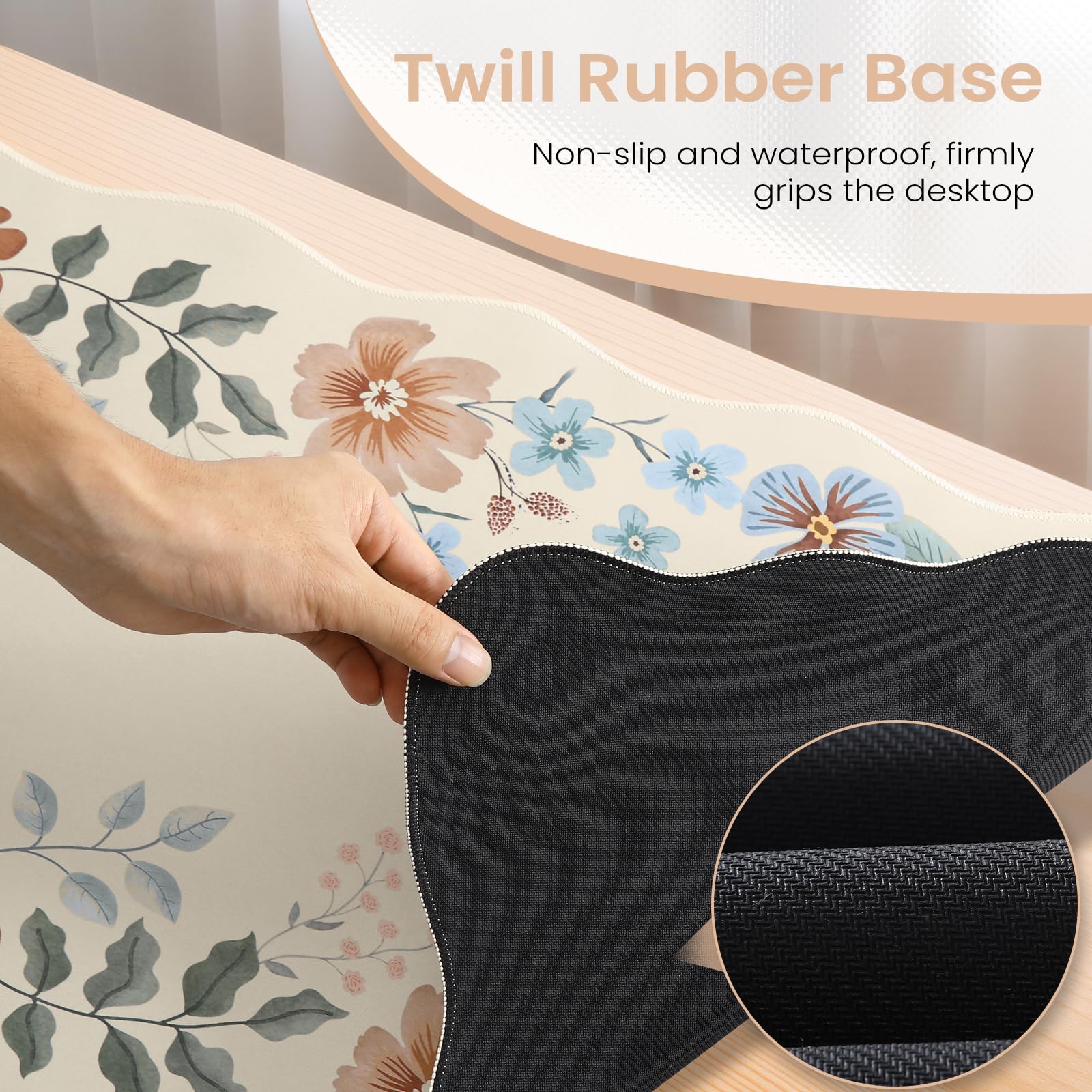HAOCOO Non-Slip Floral Desk Mat with Edge Stitching - Large Washable Mouse Pad for Keyboard & Mouse, Office Aesthetics & Gaming - Perfect for Home Office, Workstation & Computer Desk (Beige)