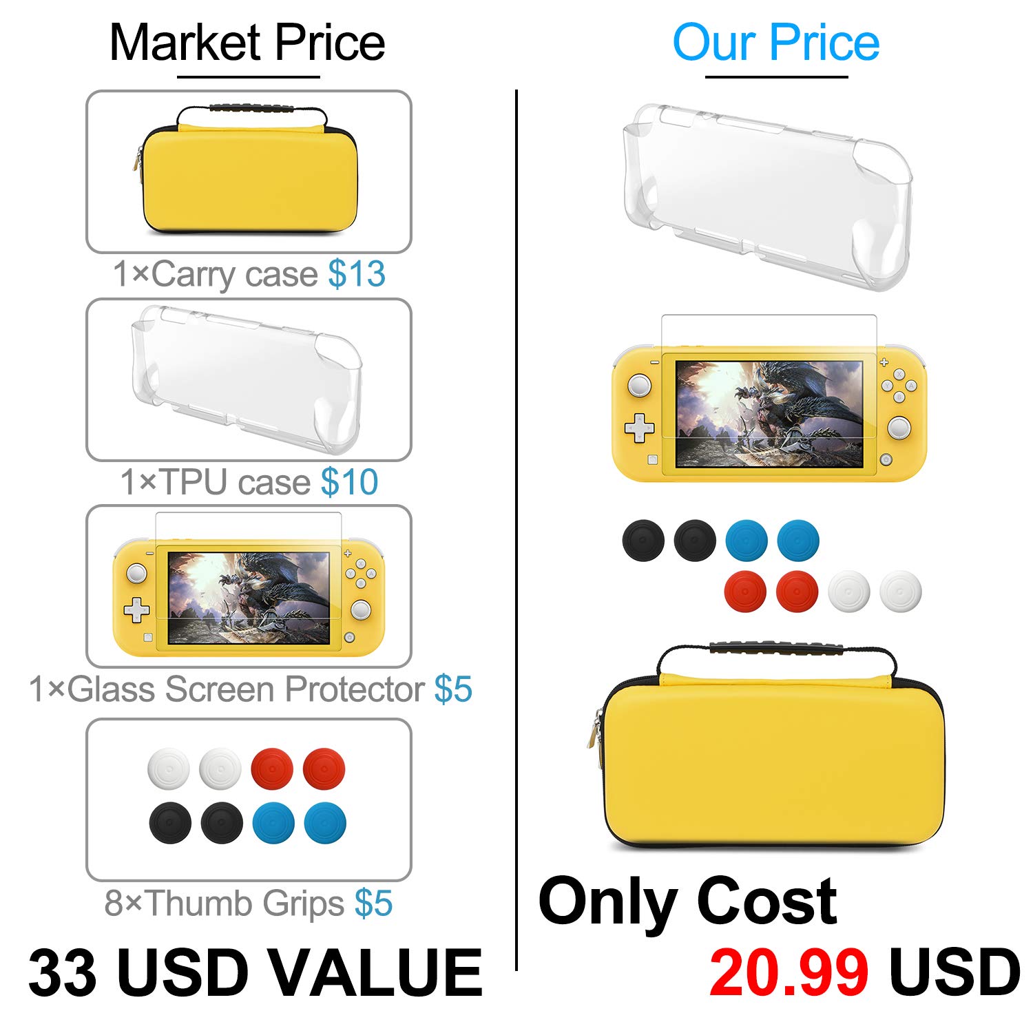 YUANHOT Nintendo Switch Lite Protective Case Set - Shockproof Carrying Case, Screen Protector & Joystick Caps | Travel & Gaming Accessories for Nintendo Switch Lite (Yellow)
