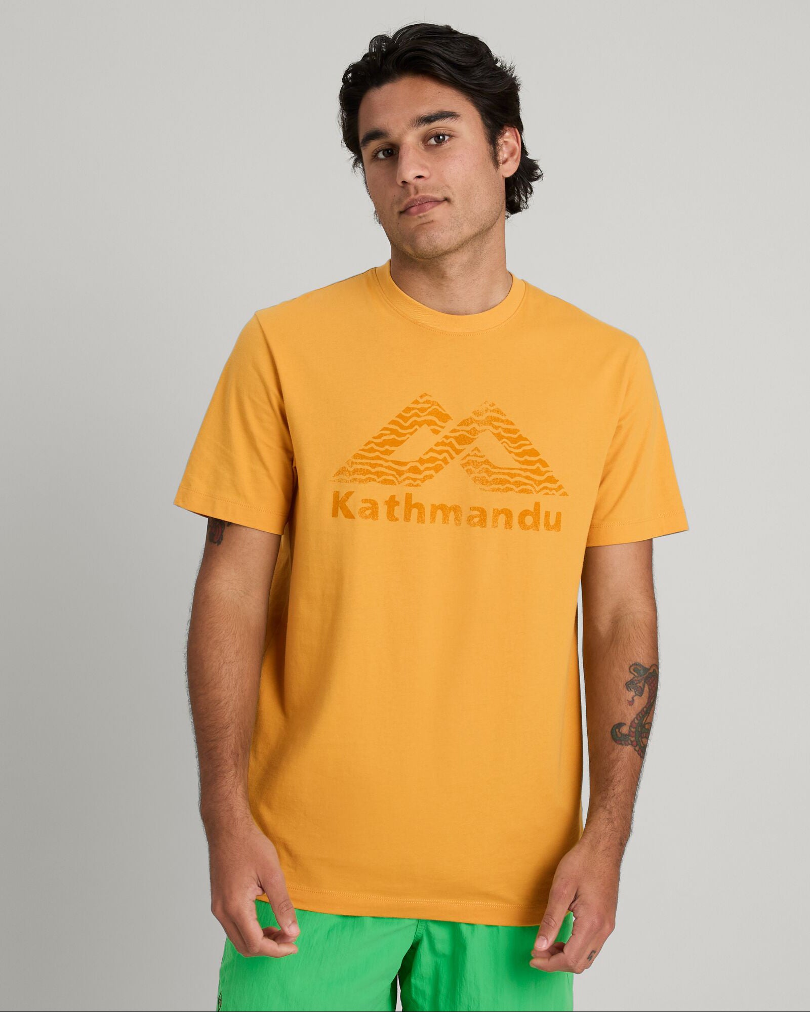 Kathmandu Logo Men's Short Sleeve T-Shirt - Mustard Yellow Cotton Casual Tee for Outdoor Adventures & Streetwear Fashion
