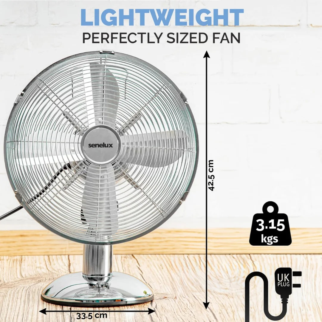 12 Inch Chrome Desk Fan by Senelux - Quiet High Speed Cooling Fan for Home, Office & Bedroom | Perfect for Summer, Dorm, Study & Workspace