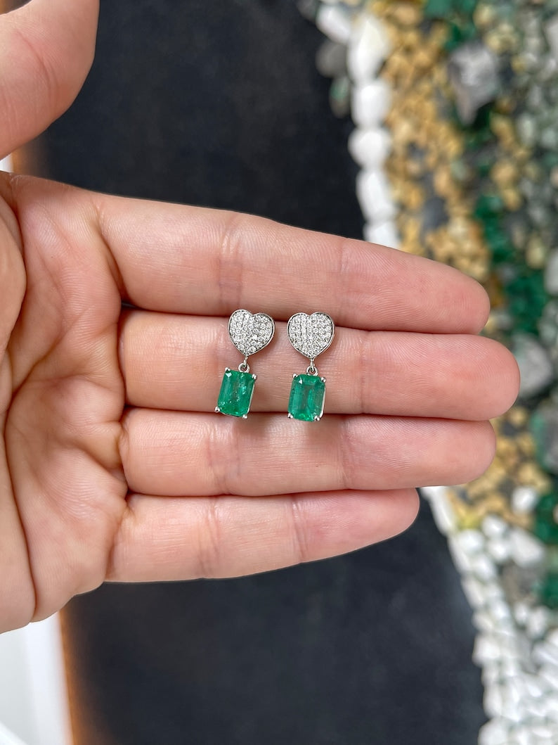 3.20tcw 14K Gold Natural Rich Medium Green Emerald & Diamond Heart Cluster Dangle Earrings for Women - Elegant Wedding, Party & Evening Wear Jewelry Gift