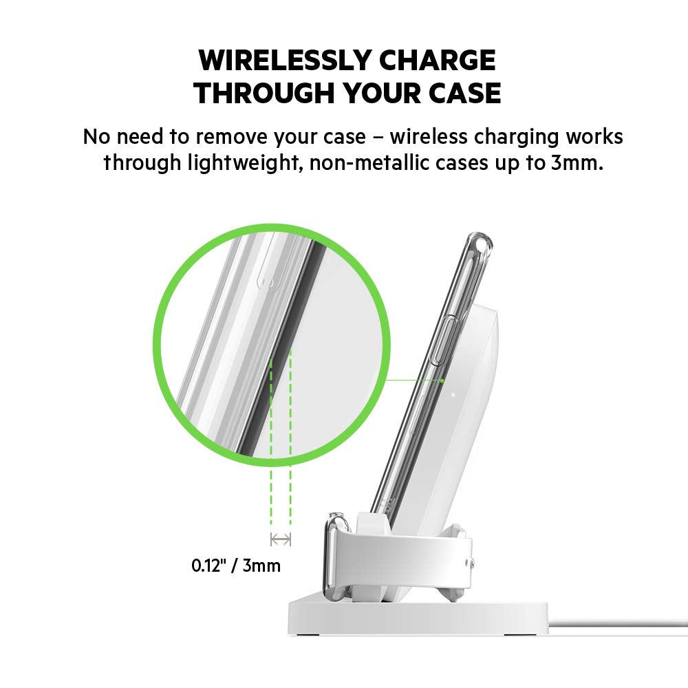 Belkin Boost Up 3-in-1 Wireless Charging Dock for iPhone 12/13/14/15 Pro Max & Apple Watch Series 9/8/7/SE - Fast Qi Charger with USB-A Port - White | Perfect for Bedside, Office & Travel Charging Station