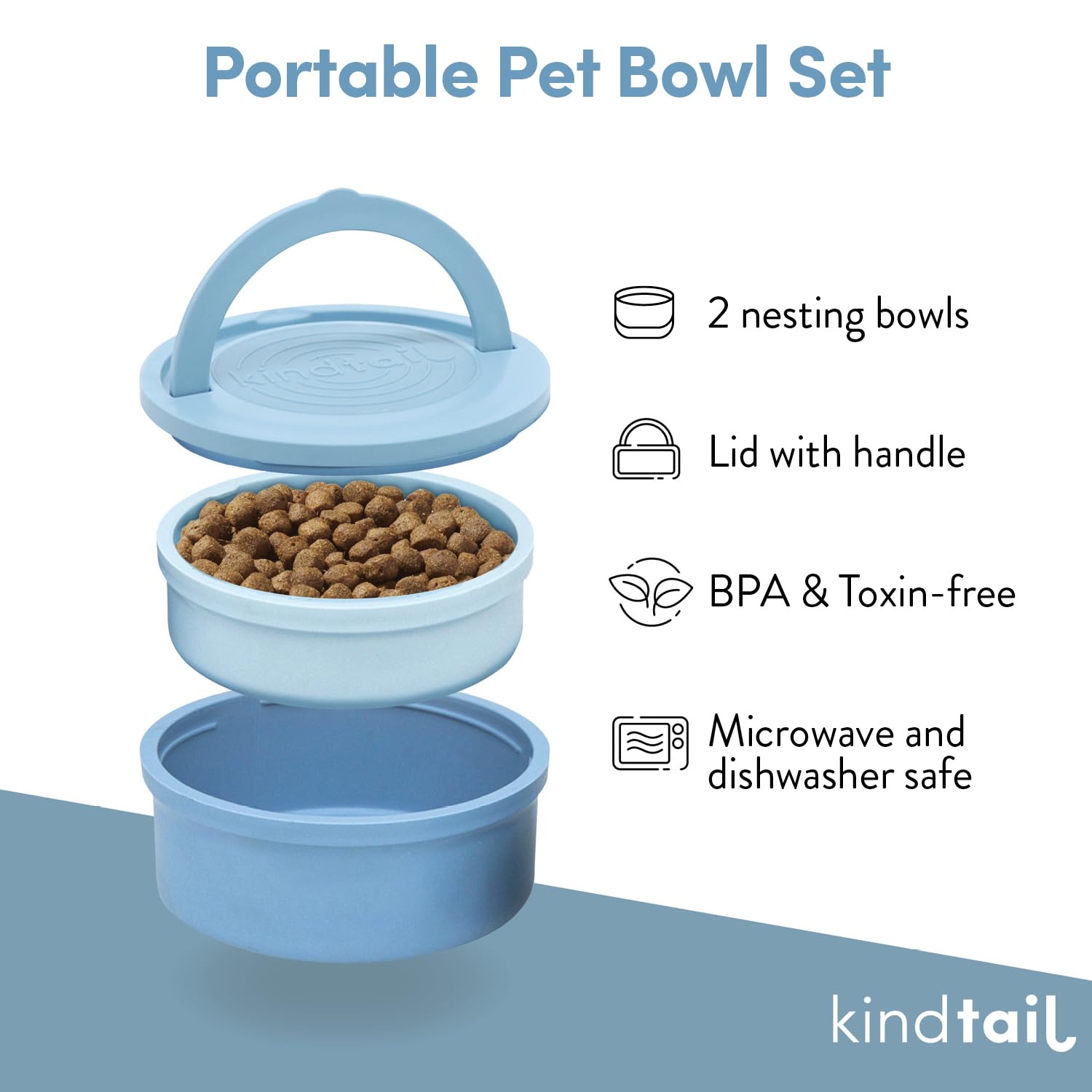 KindTail Portable Pet Feeder - Travel Dog Bowls with Lid & Handle, Microwave & Dishwasher Safe (10oz Inner & 20oz Outer Bowl) - Grey - Perfect for Hiking, Camping & Road Trips