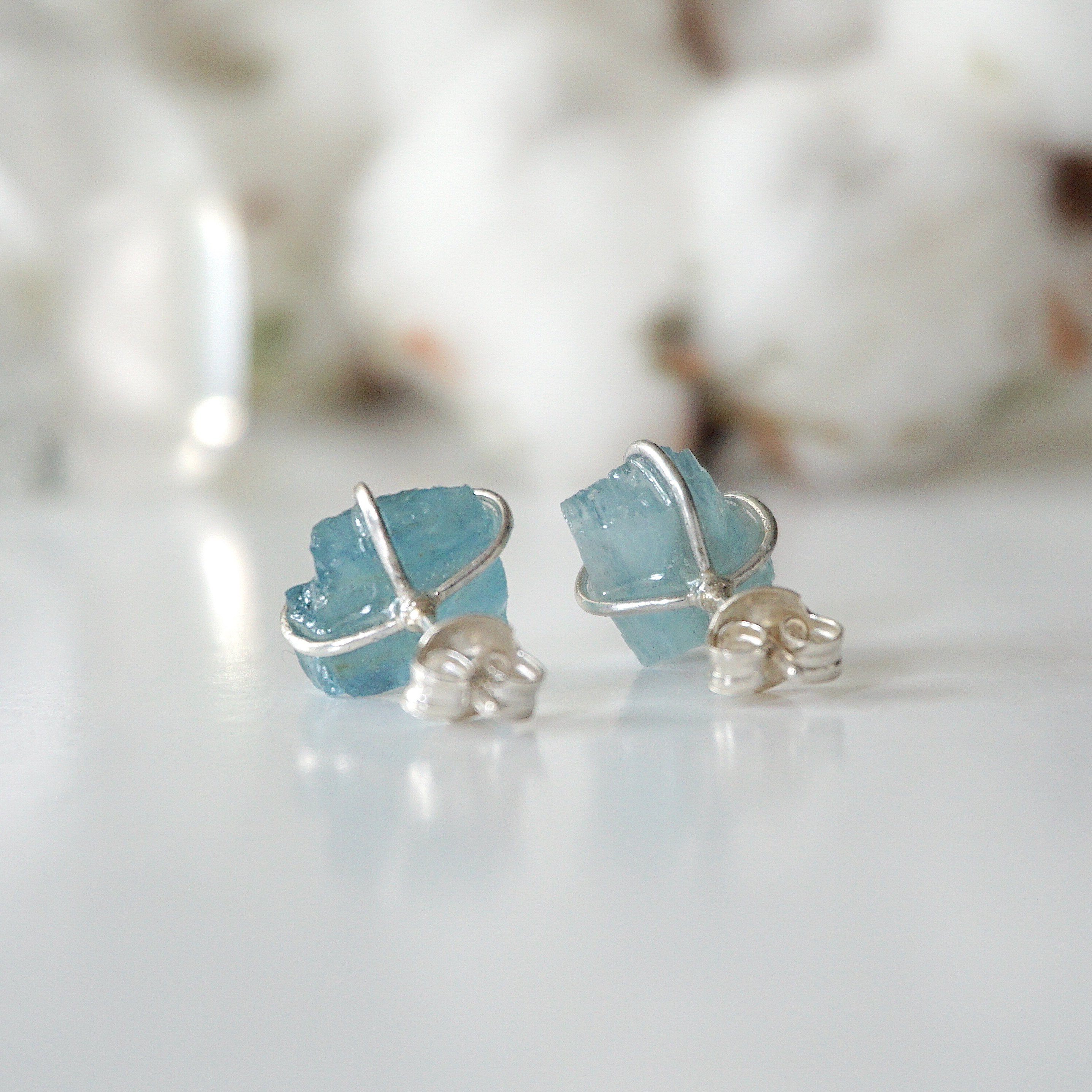 Natural Aquamarine Huggie Stud Earrings - 925 Sterling Silver Jewelry for Women - Perfect for Everyday Wear, Gift Giving & Special Occasions