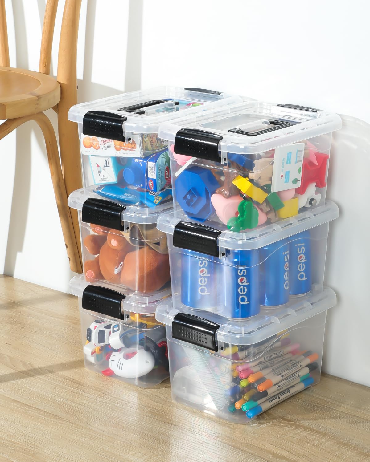 6-Pack Clear Plastic Storage Bins with Black Buckle Lids - 7 Quart Stackable Organizing Containers for Pantry, Office, Classroom & Home Organization | Perfect for Food Storage, School Supplies & Closet Organization