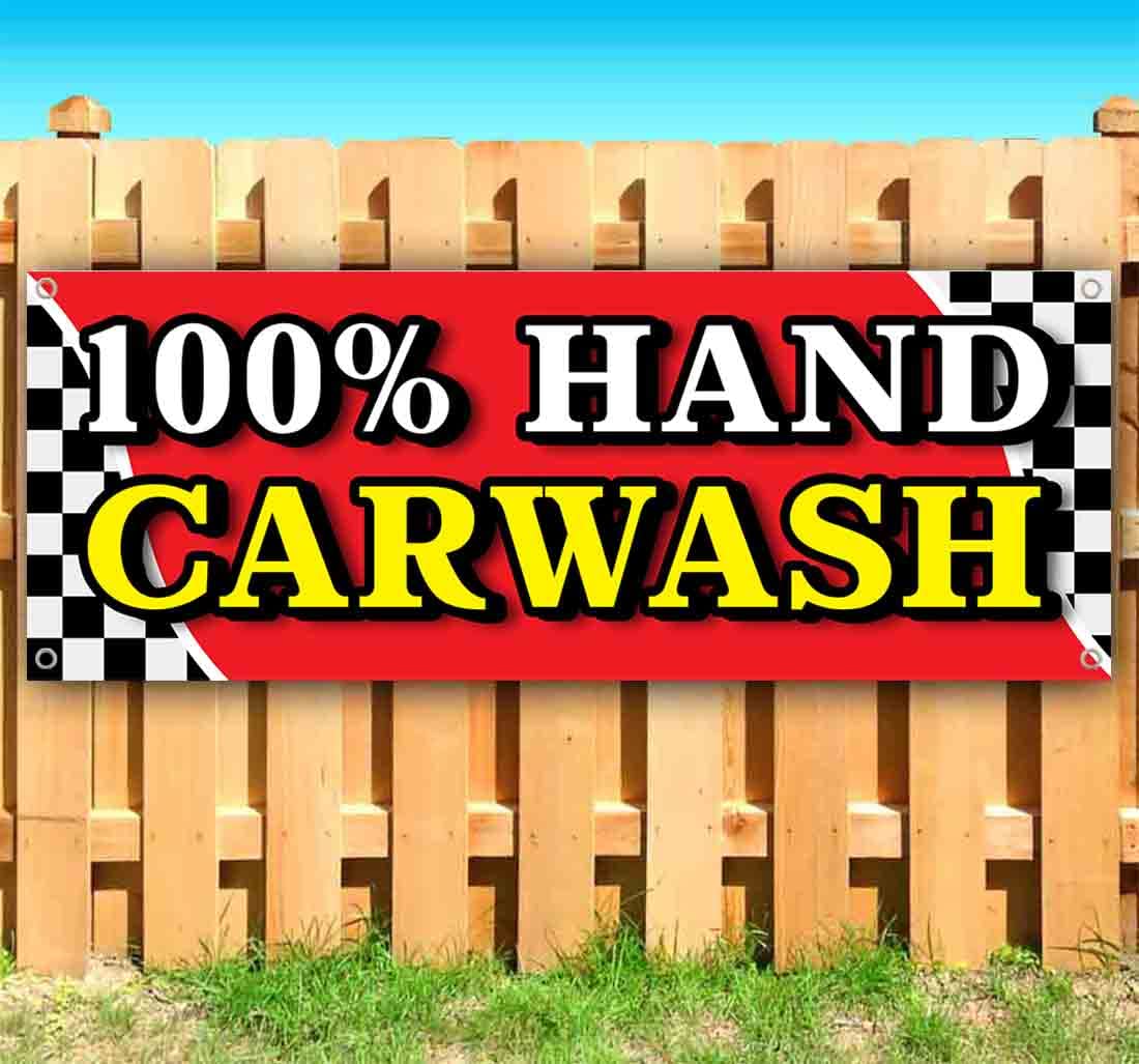 100 Heavy-Duty 13 oz Vinyl Hand Car Wash Banner with Metal Grommets - Durable Non-Fabric Sign for Auto Detailing, Car Wash Business & Vehicle Cleaning Services
