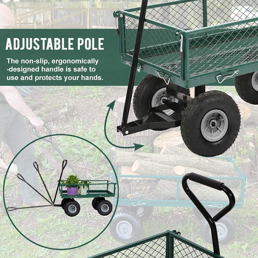 **Heavy Duty 650 lbs Capacity Garden Cart - 4-Wheel Steel Utility Wagon with Removable Sides for Yard, Lawn, Beach, Camping & Picnic - Collapsible Folding Green Outdoor Dump Wagon**    *(Perfect for Gardening, Landscaping, Hauling Firewood, Beach Trips, Camping Gear & Outdoor Adventures)*