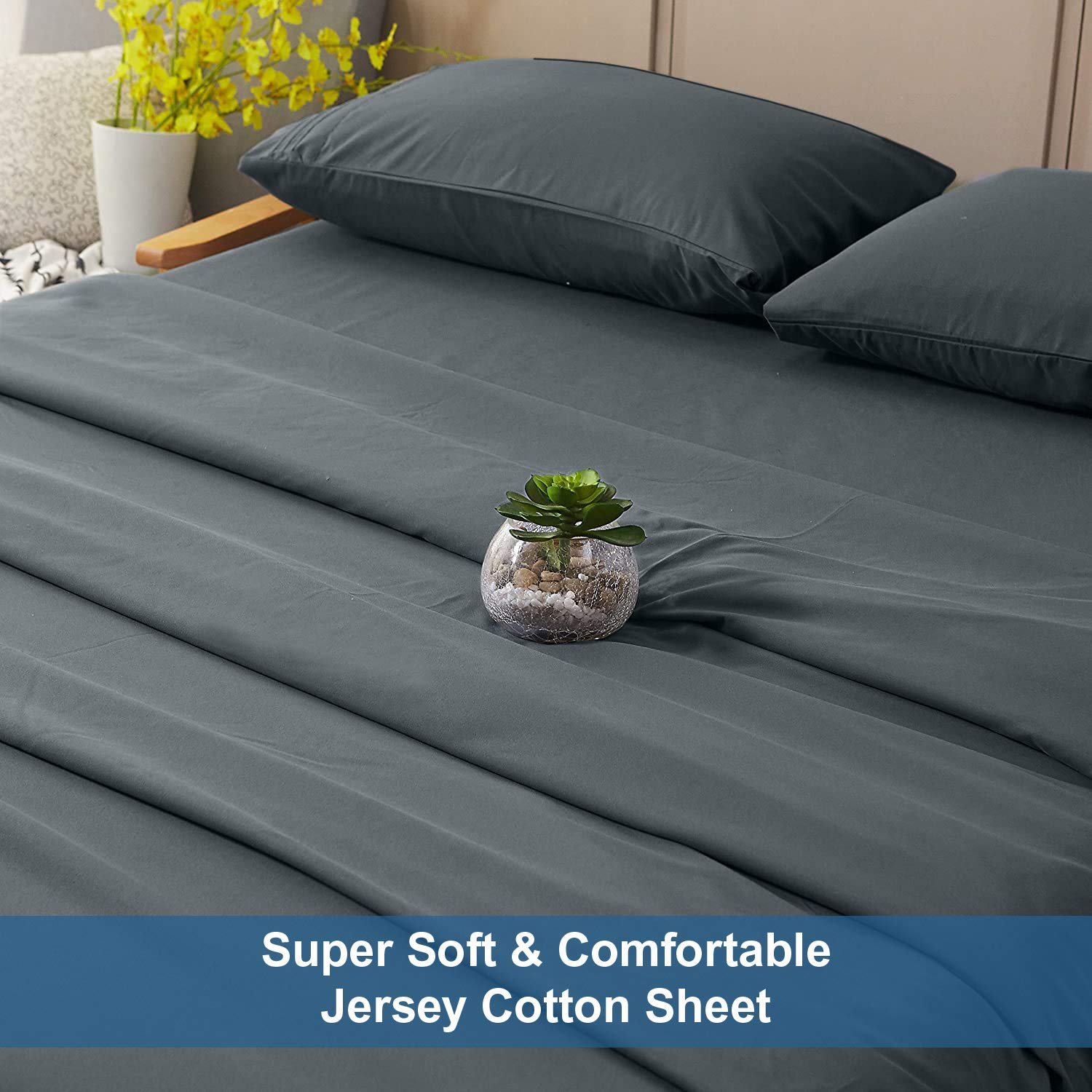 Luxury 100% Cotton Jersey Sheet Set - King Size 4-Piece Dark Grey | Ultra Soft T-Shirt Material | Deep Pocket All Season Bedding | Perfect for Cozy Sleep, Guest Rooms & Modern Bedrooms