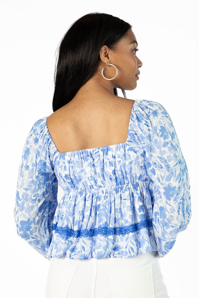 Dreamy Blue Lace Trim Floral Blouse - Elegant Women's Top for Date Night & Special Occasions