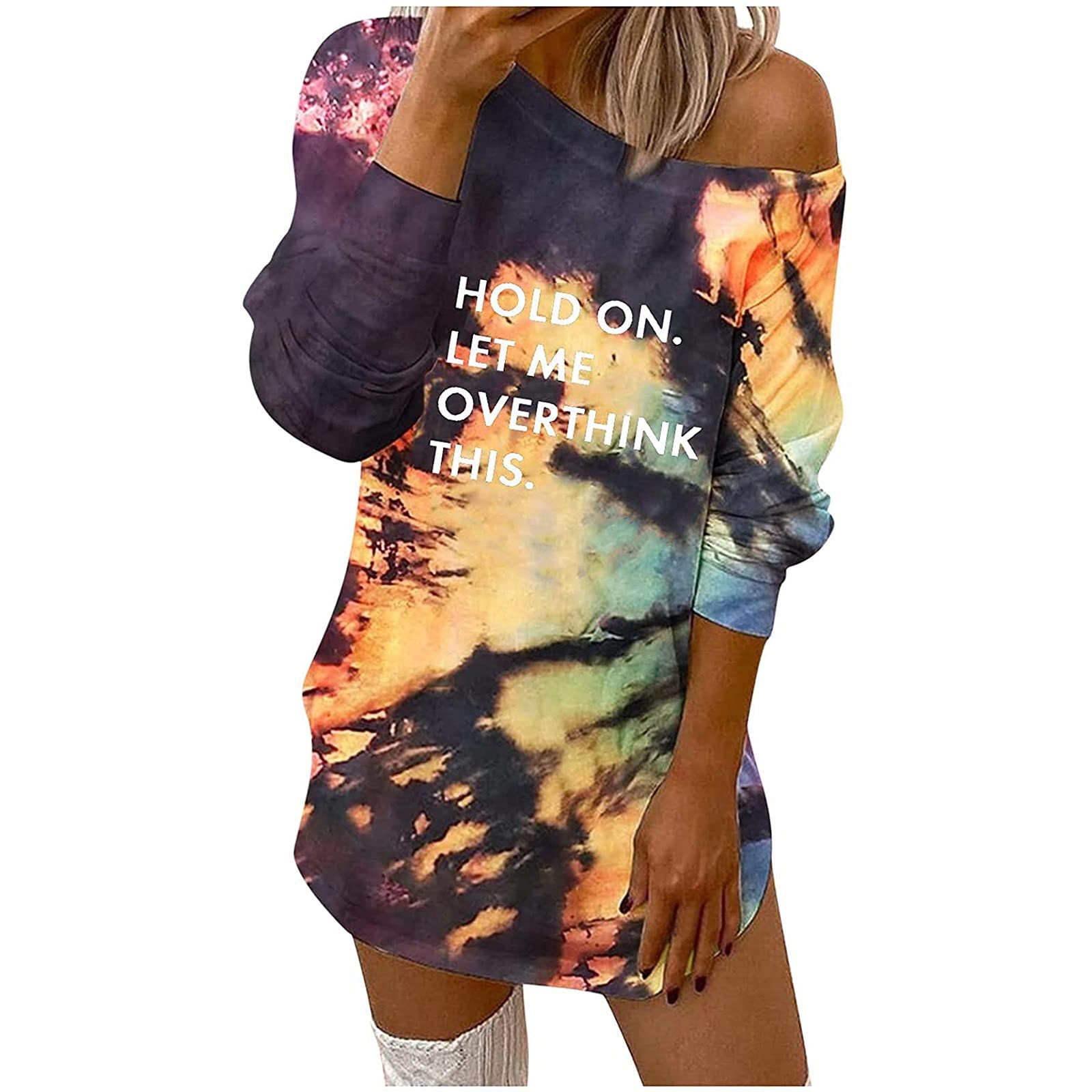 Amikadom Women's Tie Dye Graphic Sweatshirt - Loose Fit Long Sleeve Strapless Pullover for Fall Winter Fashion | Casual Outfit, Streetwear, Layering Essential