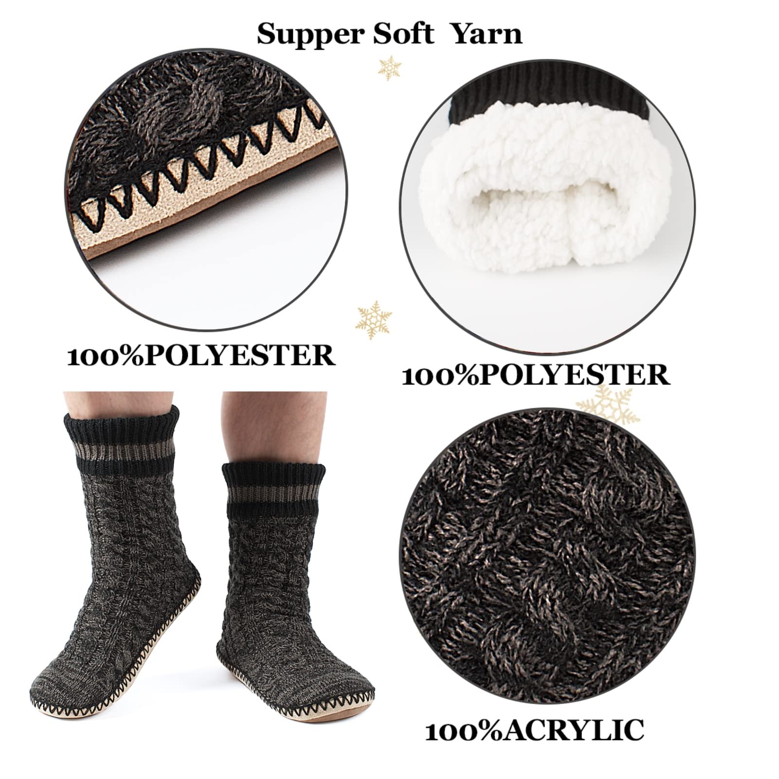 Men's Winter Cable Knit Non-Slip Slipper Socks - Cozy Soft Indoor Socks with Fluffy Sherpa Lining for Warmth & Comfort - Perfect for Home, Lounge & Cold Weather Wear