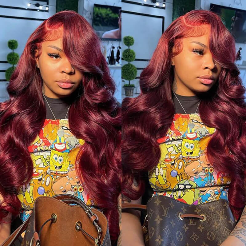 Eullair Pre-Colored Dark #99J Burgundy Frontal Wig - Natural Looking Human Hair Lace Front Wig for Women | Perfect Fall Color for Daily Wear, Parties & Special Occasions