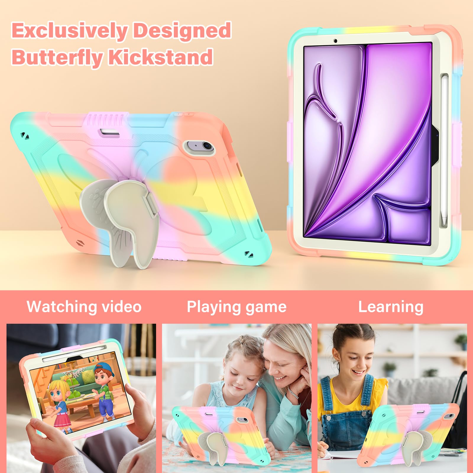 **Colorful Heavy Duty Protective Case for iPad Air 11-inch (M2 & M3) - Kids & Girls with Stylus Holder, Butterfly Stand & Carrying Strap | Perfect for School, Travel & Play**