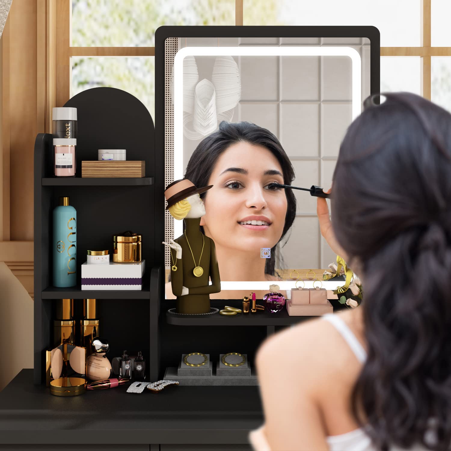 Black Vanity Set with Lighted Mirror & Stool - 5 Drawers Dresser for Makeup & Dressing