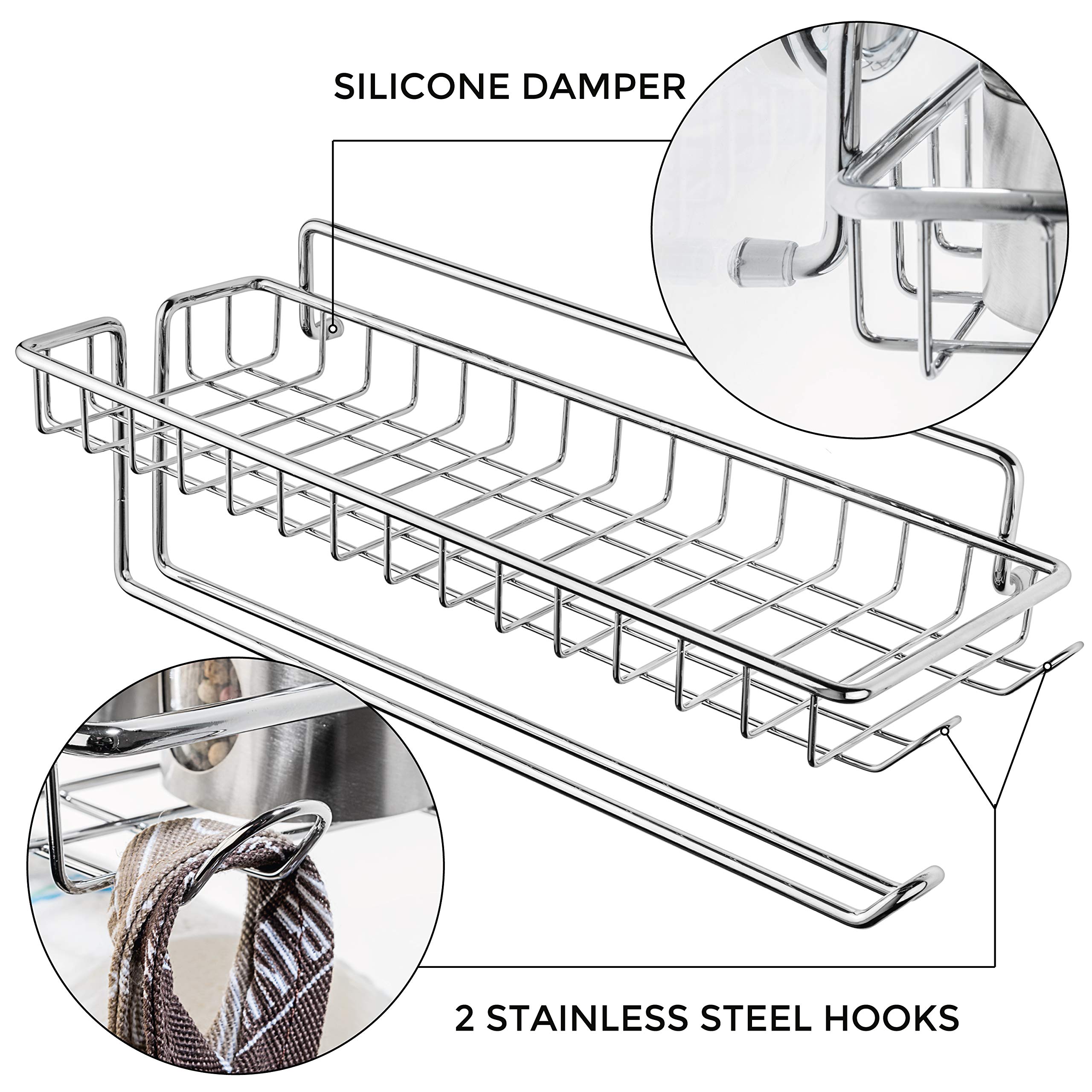 Stainless Steel Wall Mount Paper Towel Holder with Shelf & Hooks - SUS 304 Metal Organizer for Kitchen, Bathroom - Chrome Tissue Roll Hanger - Space Saving Storage Solution for Small Spaces & RVs