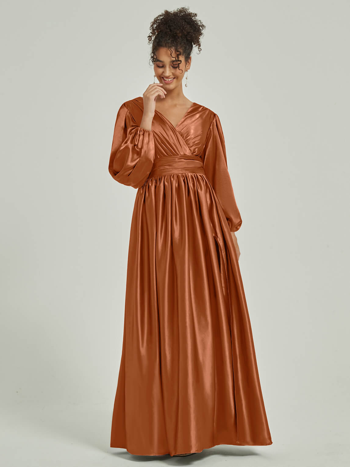 Elegant Cooper Satin 3/4 Sleeve V-Neck Pleated Bridesmaid Dress with Side Slit - Perfect for Weddings, Formal Events & Special Occasions