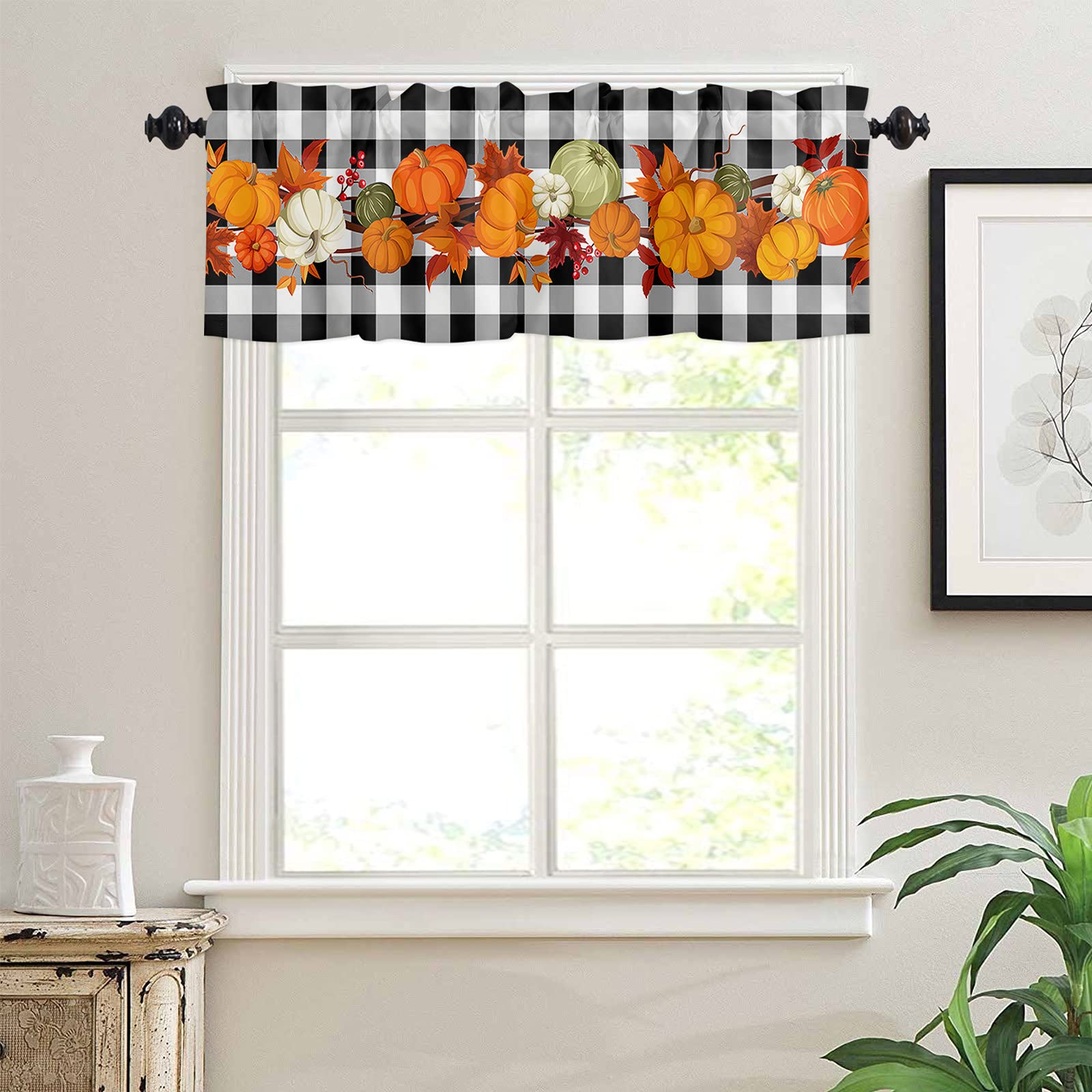 Thanksgiving Pumpkin Maple Leaves Buffalo Plaid Black White Valance Window Curtains - 54x18 Inch Rod Pocket Panel for Kitchen, Bedroom, Dining Room & Living Room Windows - Seasonal Home Decor for Fall & Autumn