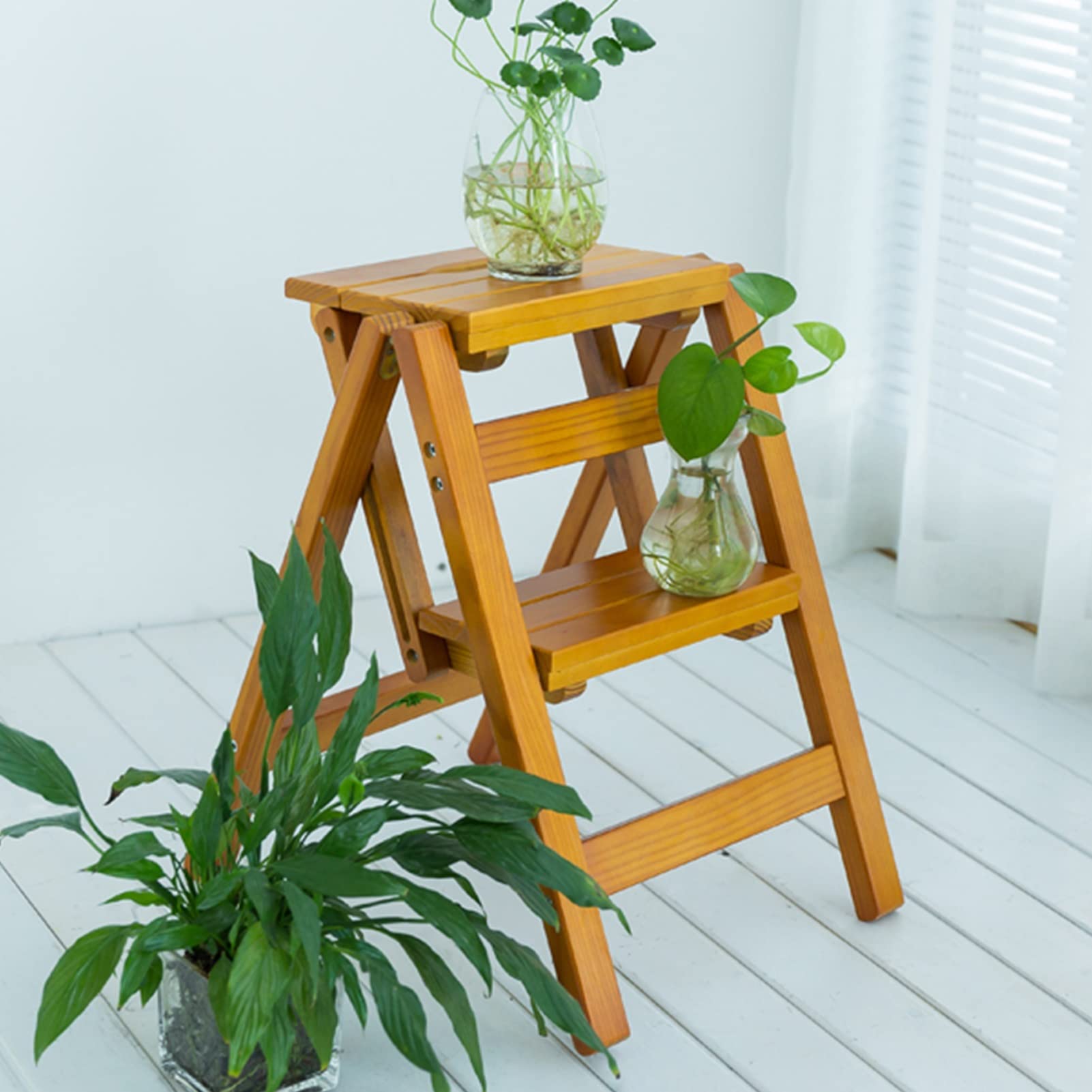 XHALERY Portable Wooden Folding Step Stool Ladder - 2 Step Foldable Ladder with Chair Function for Home, Office, Flower Shelf & Storage Use - Perfect for Kitchen, Bathroom, Gardening and DIY Projects
