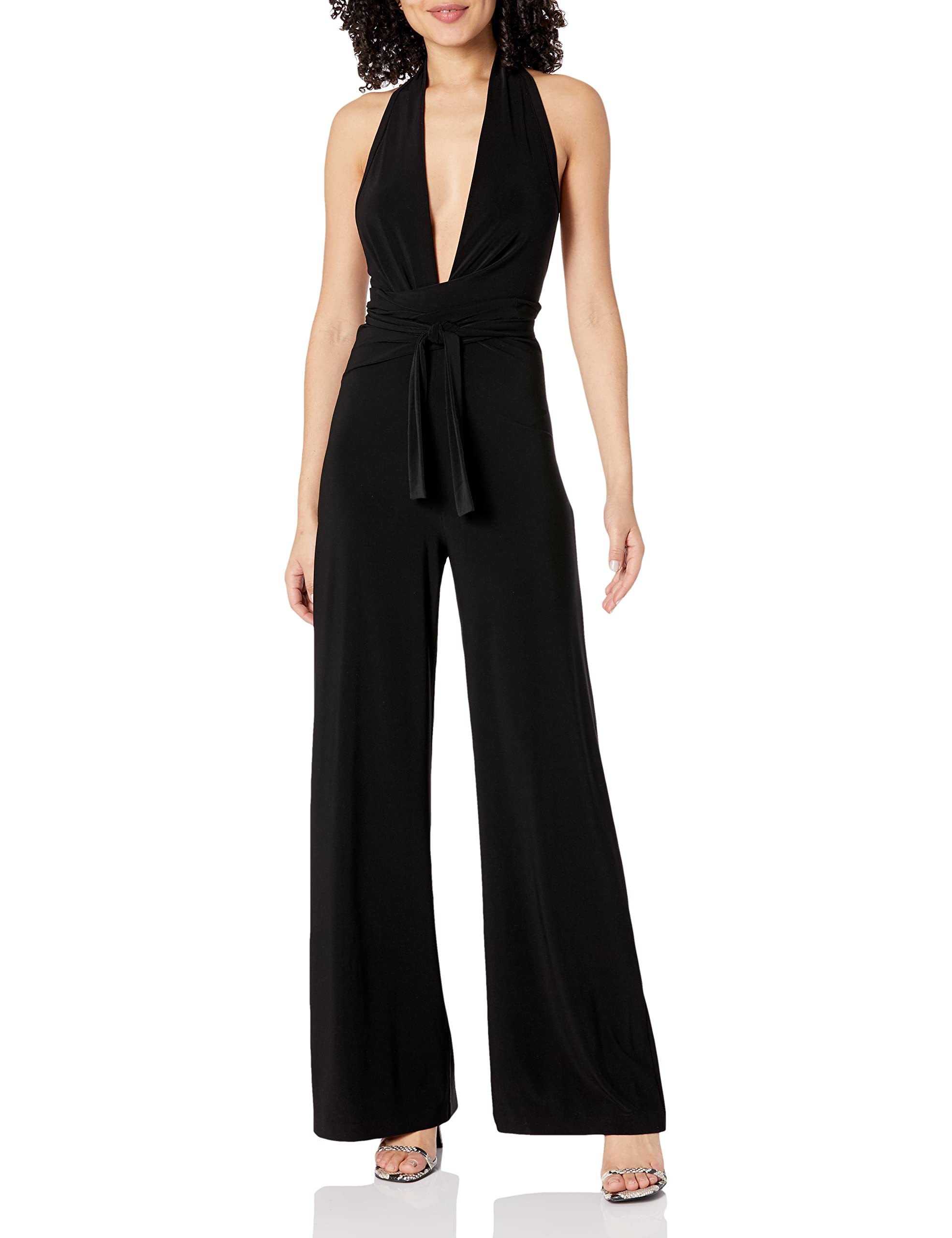 Norma Kamali Women's Halter Wrap Straight Leg Jumpsuit - Elegant One-Piece Romper for Casual Wear, Night Out & Summer Vacation | Plus Size Options Available