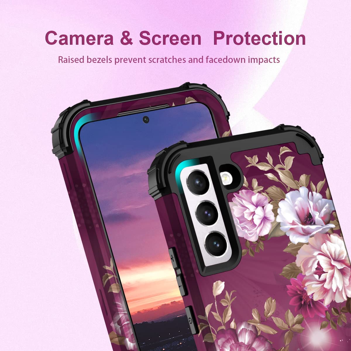 Hocase Galaxy S22 Plus Case with Burgundy Floral Design - Heavy Duty Shockproof & Soft TPU Protective Cover for Samsung Galaxy S22 Plus - Perfect for Outdoor Activities, Travel & Daily Use