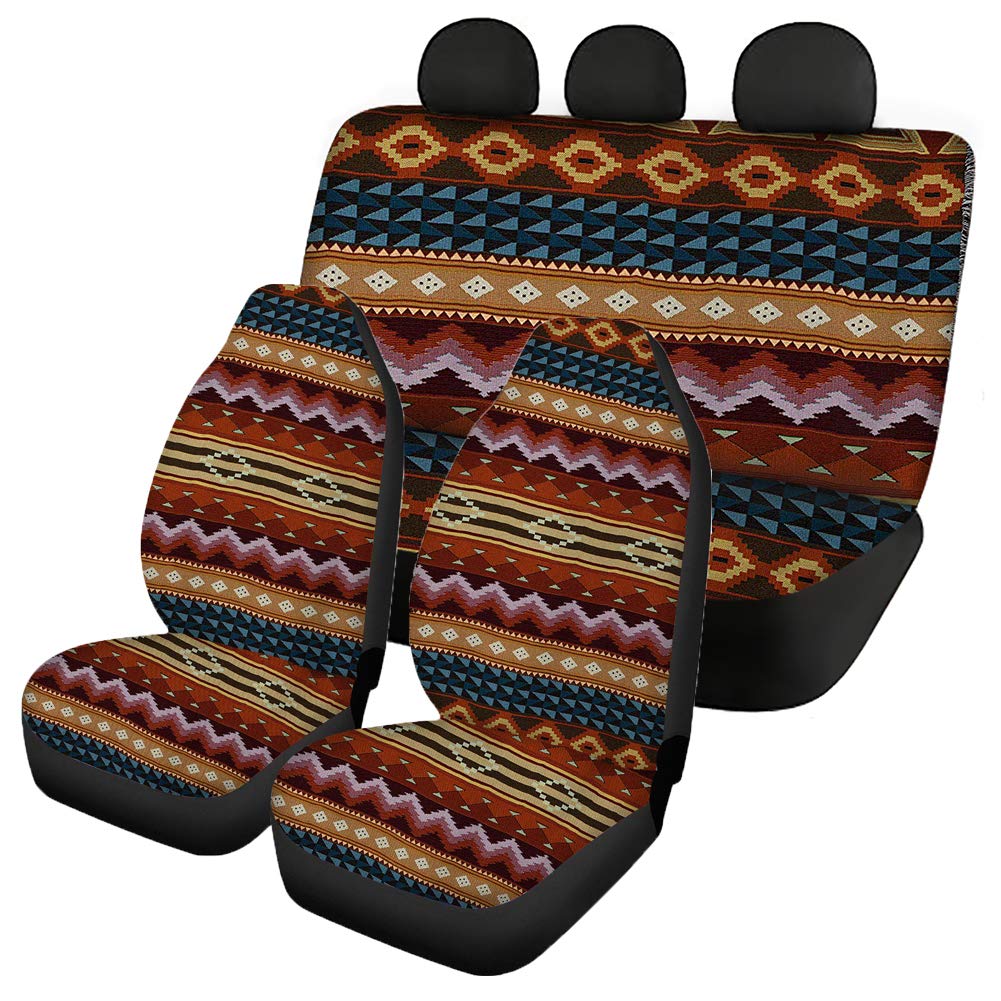 SEANATIVE Aztec Baja Tribal Car Seat Covers Set of 4 - Front Seat Covers, Rear Backrest & Bottom Bench Covers | Universal Fit Vehicle Seat Protectors | Perfect for SUVs, Trucks & Off-Road Adventures