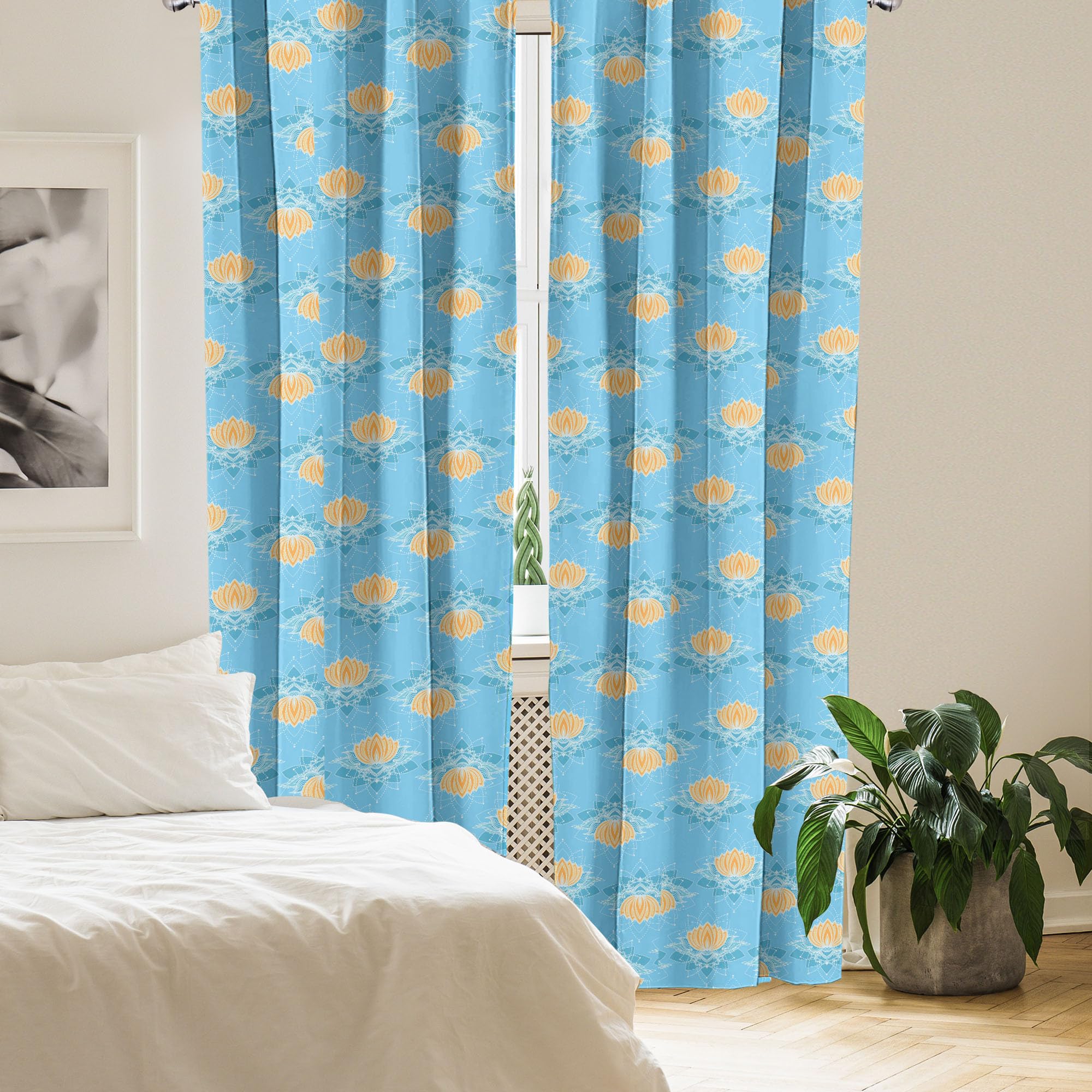 Ambesonne Lotus Curtains - Japanese Themed Floral Design with Geometric Lines & Dots, 2 Panel Window Treatments for Living Room & Bedroom (28