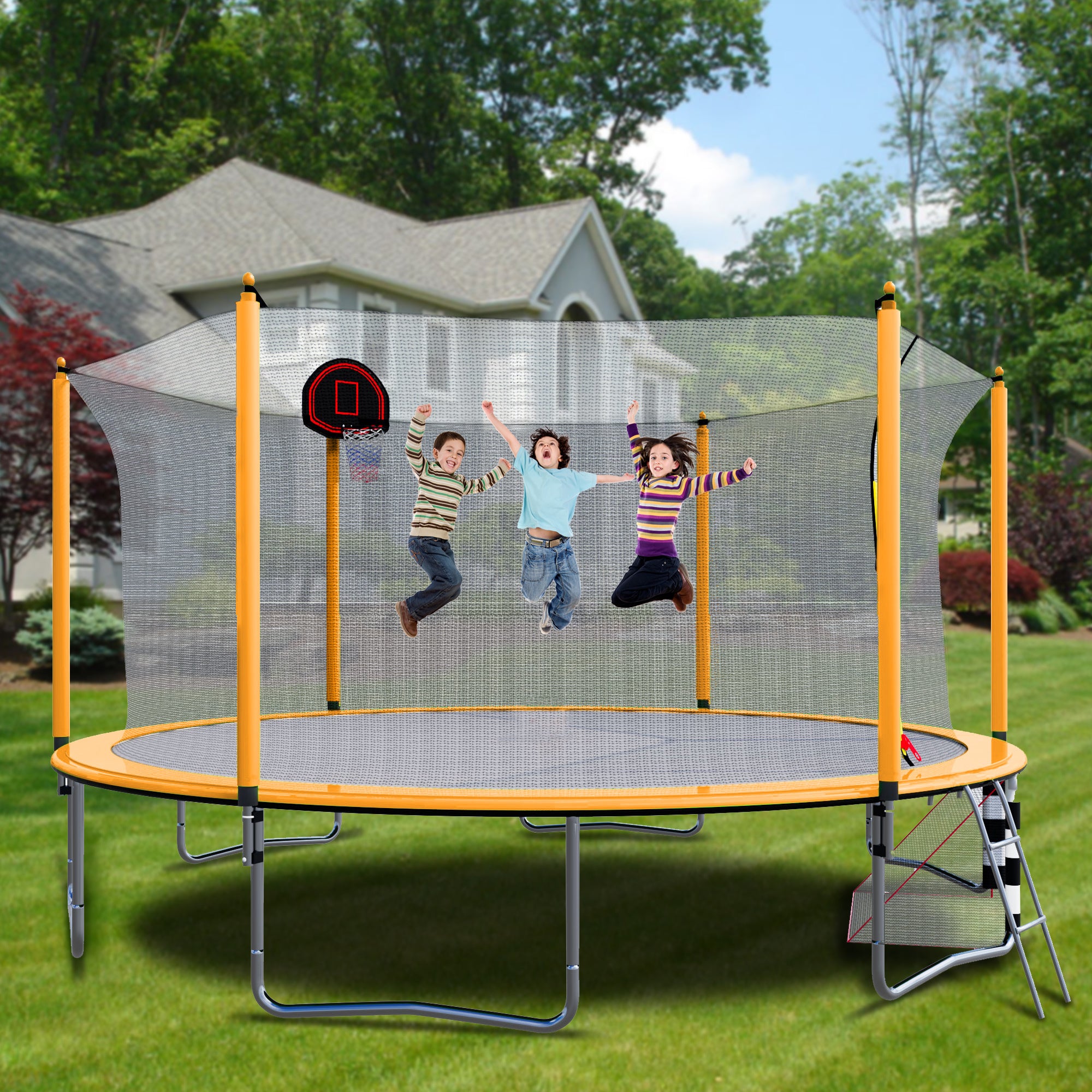 16FT Trampoline with Basketball Hoop, Pump & Ladder - Includes Inner Safety Enclosure & Soccer Goal - Orange - Perfect for Backyard Fun, Kids Outdoor Play & Family Fitness Activities