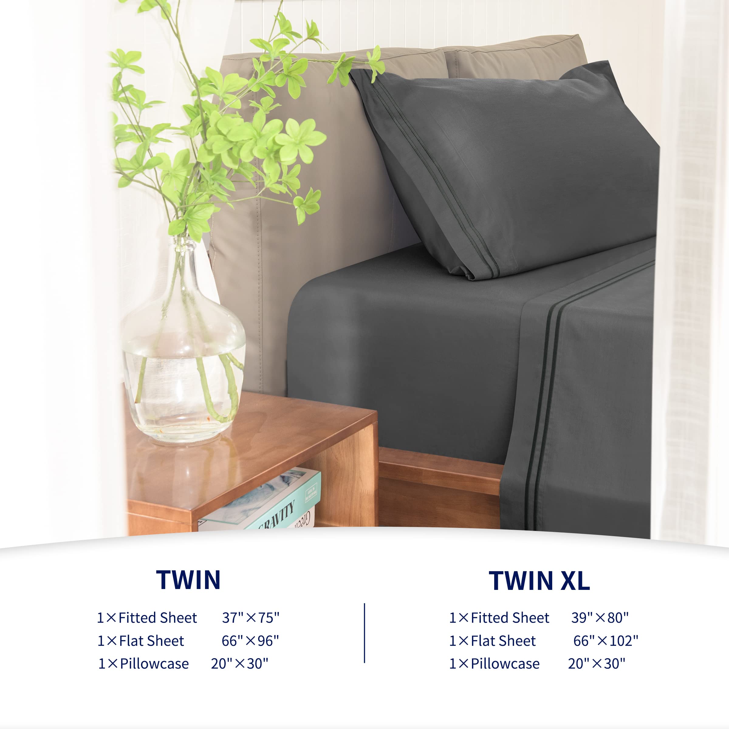 SUBRTEX 3-Piece Twin Bed Sheets Set - 100% Cotton Tencel Blend Soft & Breathable Bedding with Deep Pocket Fitted Sheet & Pillowcases - Fade Resistant, Machine Washable - Perfect for Guest Rooms, Dorms & Kids' Bedrooms (Twin Size, Gray)