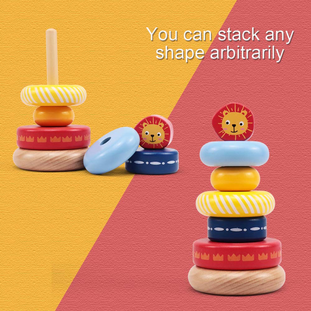 LEO & FRIENDS Wooden Stacking Ring Toys with Lion Design - Montessori Educational Toys for Toddlers 1+ Years - Early Learning & Baby Development Toys for Fine Motor Skills - Perfect for Playtime, Birthday Gifts & Preschool Activities