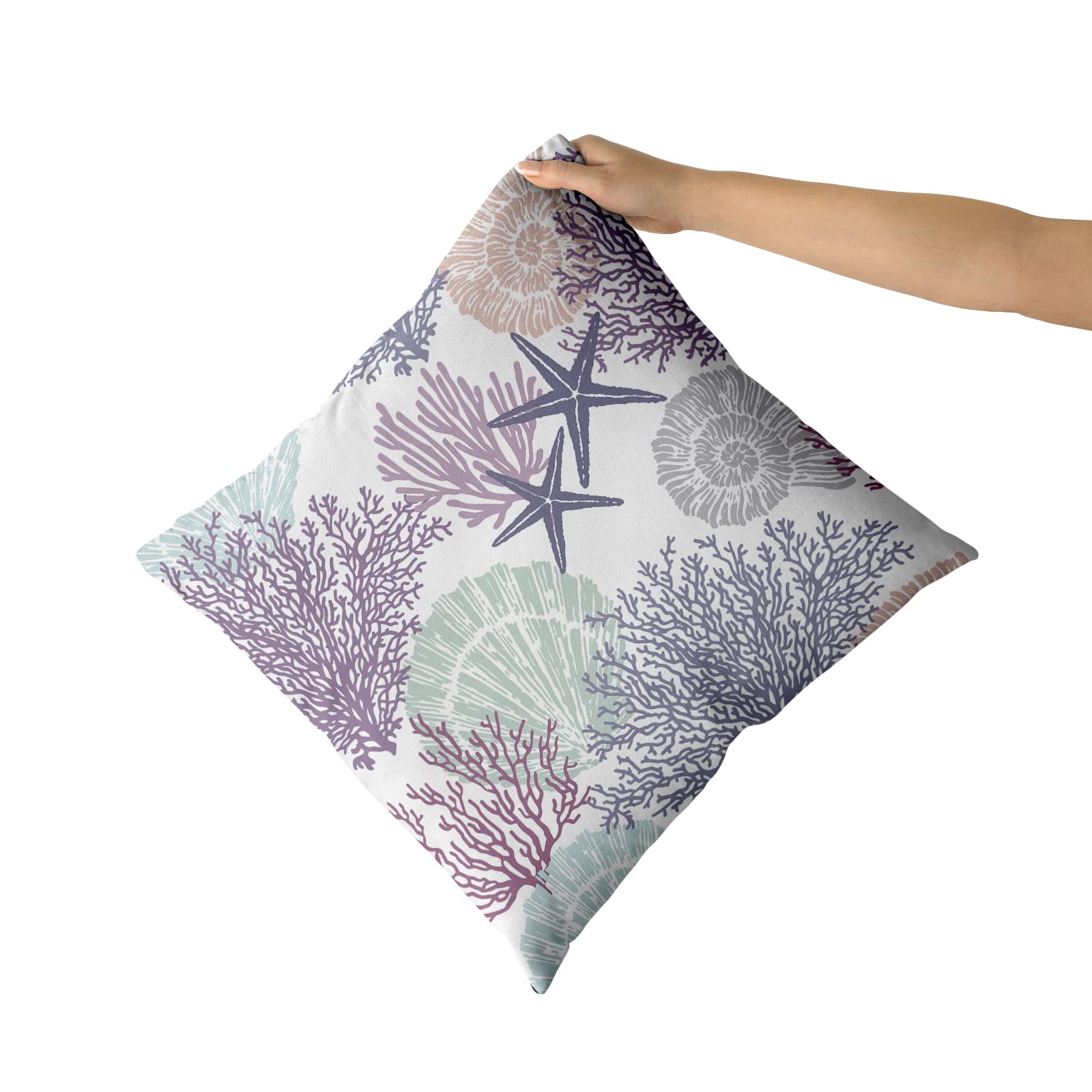 Ocean Coral Pillow Covers 20x20 Inch - Set of 2 Soft Cotton Nautical Coastal Throw Pillows with Seashell & Starfish Design - Square Cushion Covers for Sofa, Couch, Bedroom & Patio - Perfect for Beach House Decor & Coastal Themed Living Spaces (Purple)