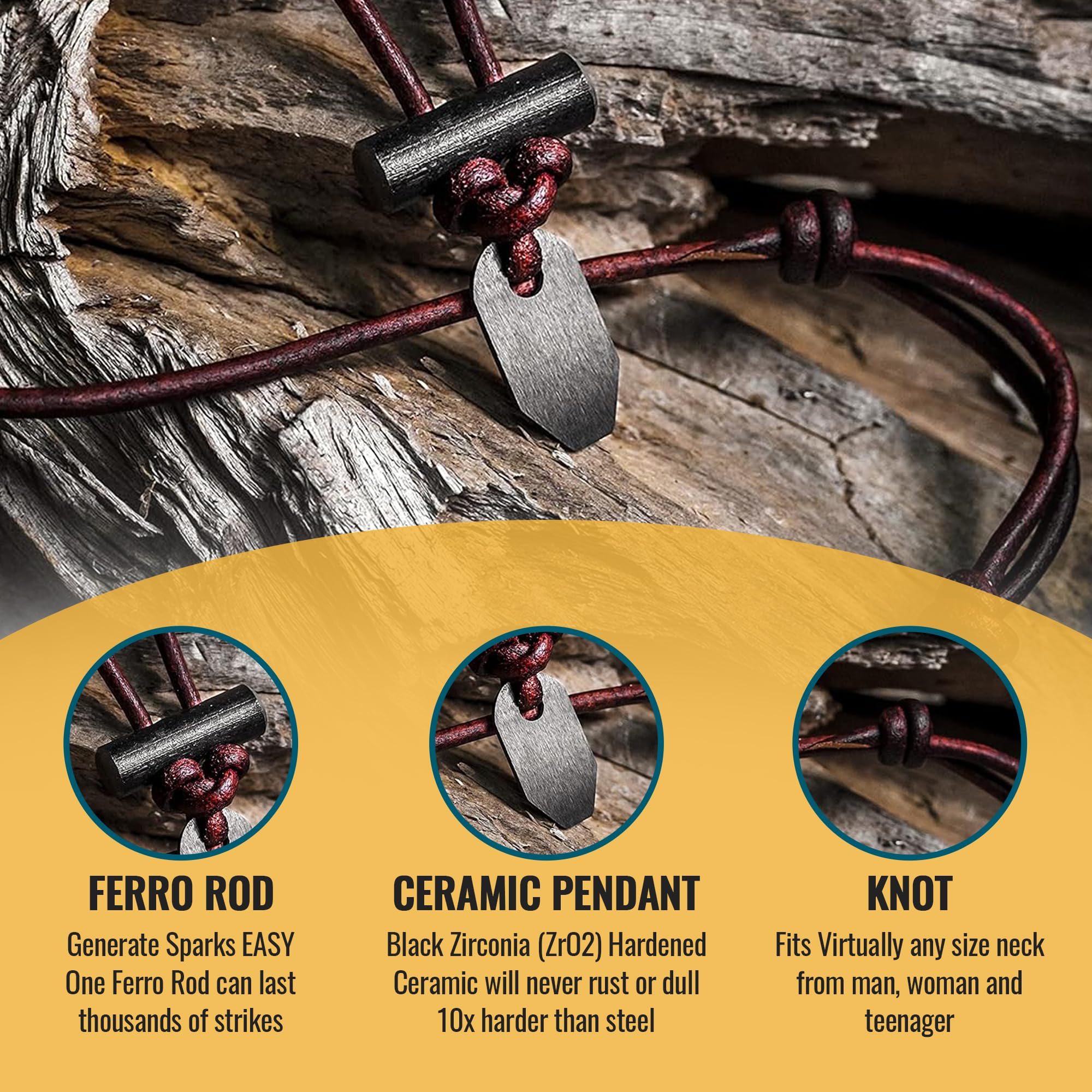 Wazoo The Bushcraft: Original Fire Starter Necklace - Handmade Survival Gear for Men, Weatherproof Outdoor Accessory, Adjustable Leather Knot Design | Perfect for Camping, Hiking & Emergency Preparedness