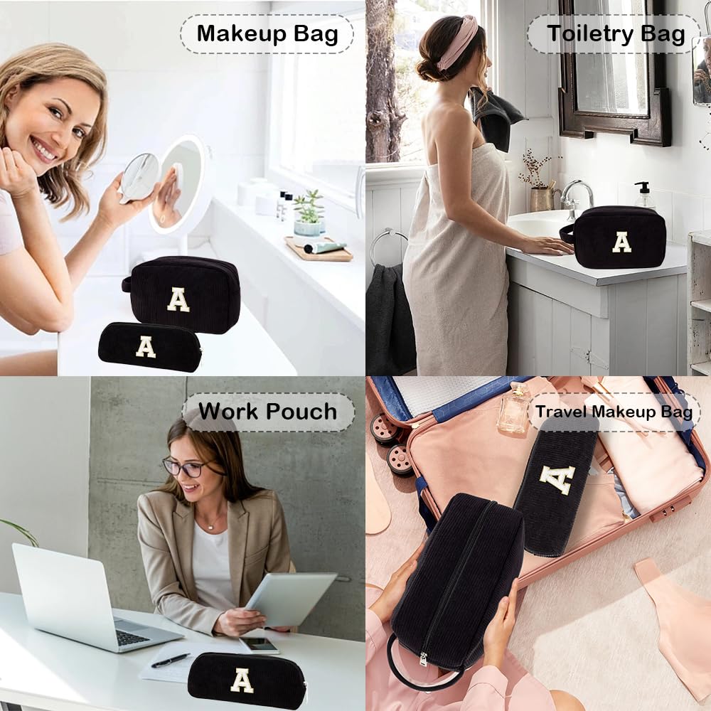 Personalized Initial Makeup Bag Set - Cute Travel Cosmetic Pouch for Purse & Gifts (Black) - Perfect for Mother's Day & Birthdays