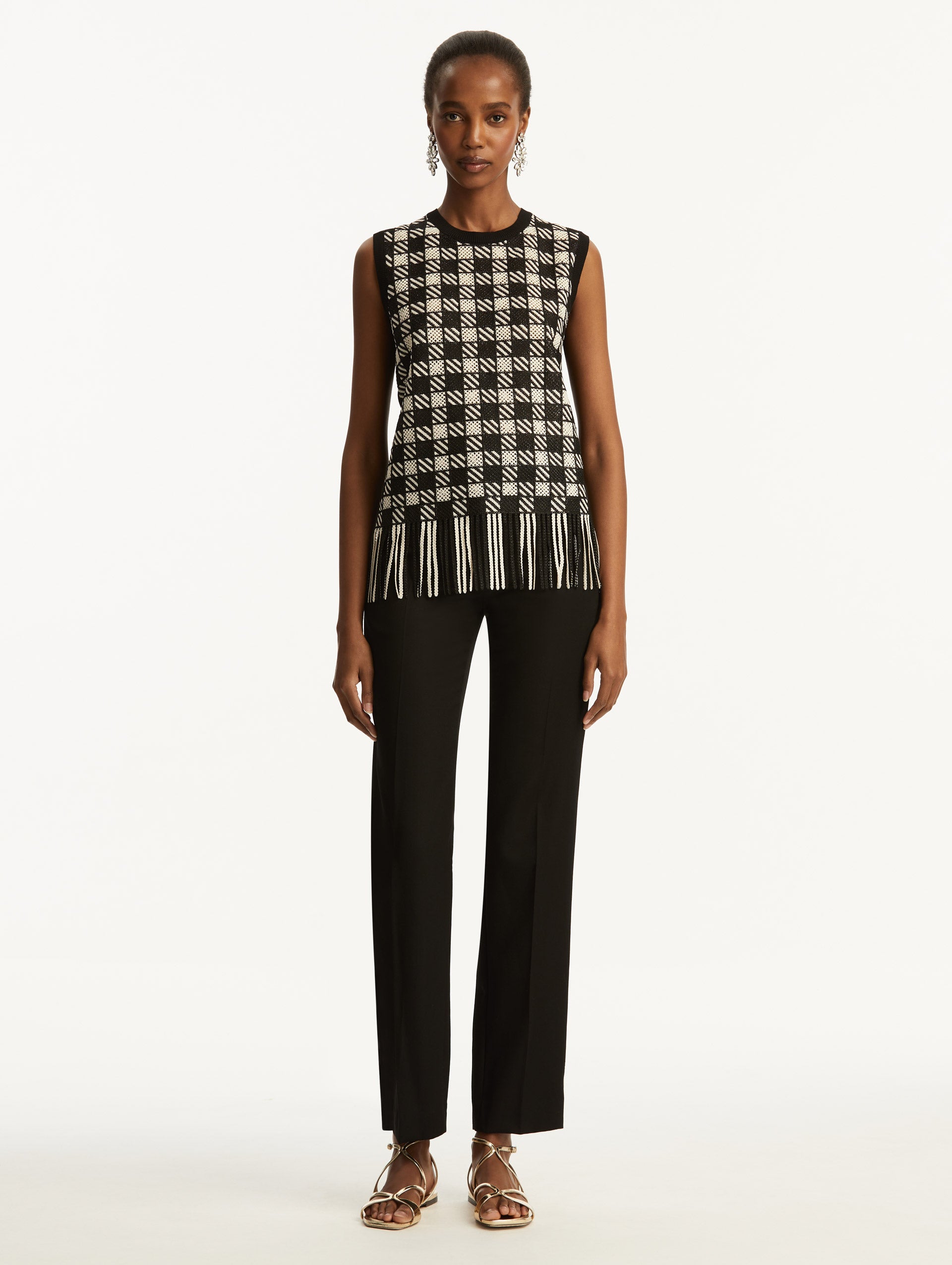 Elegant Checked Fringe Guipure Tank Top for Women - Stylish Summer Blouse for Casual Outings, Beach Wear, and Boho Fashion