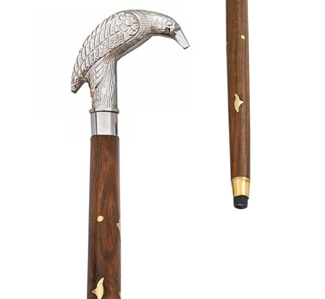 Premium Silver Raven Brass Handle Walking Cane - Solid Red Wood Shaft for Men & Women - Classic Support for Hiking, Fashion & Mobility Assistance