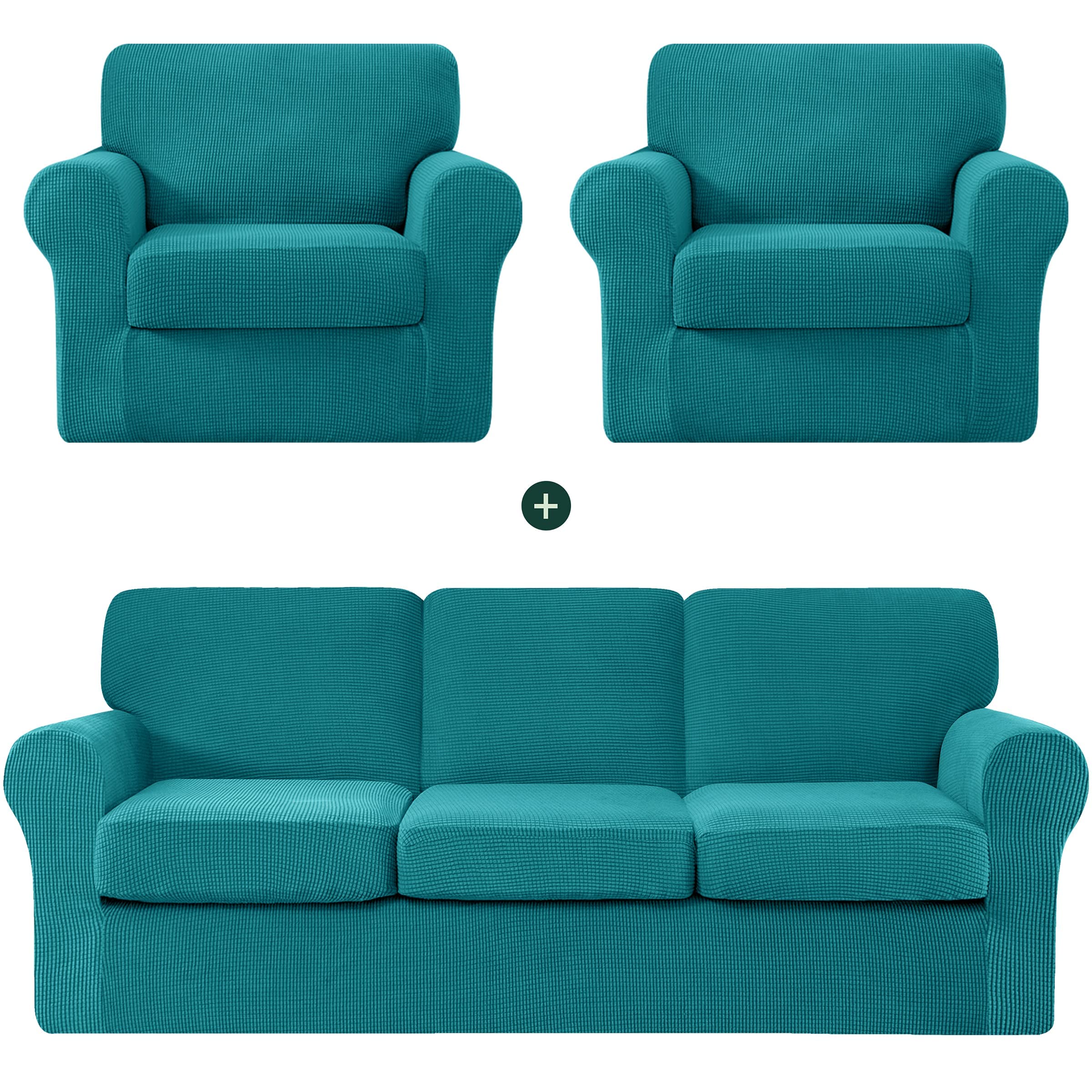 CHUN YI 2-Piece Armchair Sofa Slipcover Set - Large Stretchable Jacquard Couch Cover with Detachable Backrest & Cushion Covers, Teal Checkered Design | Perfect for Living Room Furniture Protection & Home Decor Upgrade