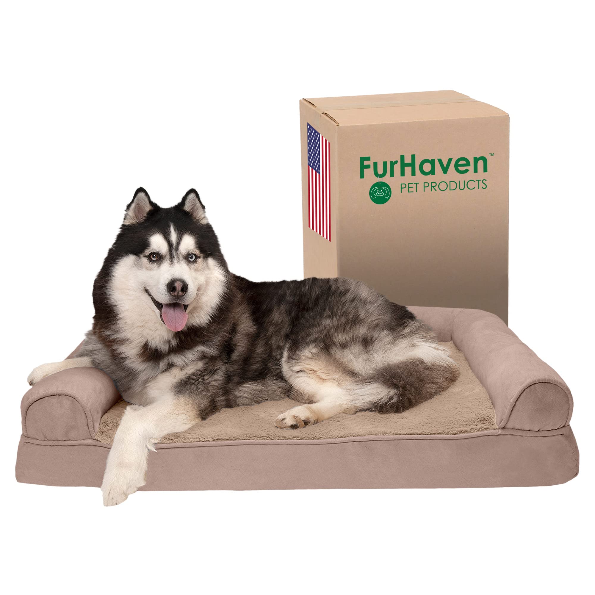 Furhaven Orthopedic Memory Foam Dog Bed for Large Dogs - Washable Removable Cover, Bolsters, Plush & Suede Sofa Style - Supports Up to 95 lbs - Almondine Color, Jumbo/XL Size - Perfect for Living Room, Bedroom or Pet-Friendly Spaces
