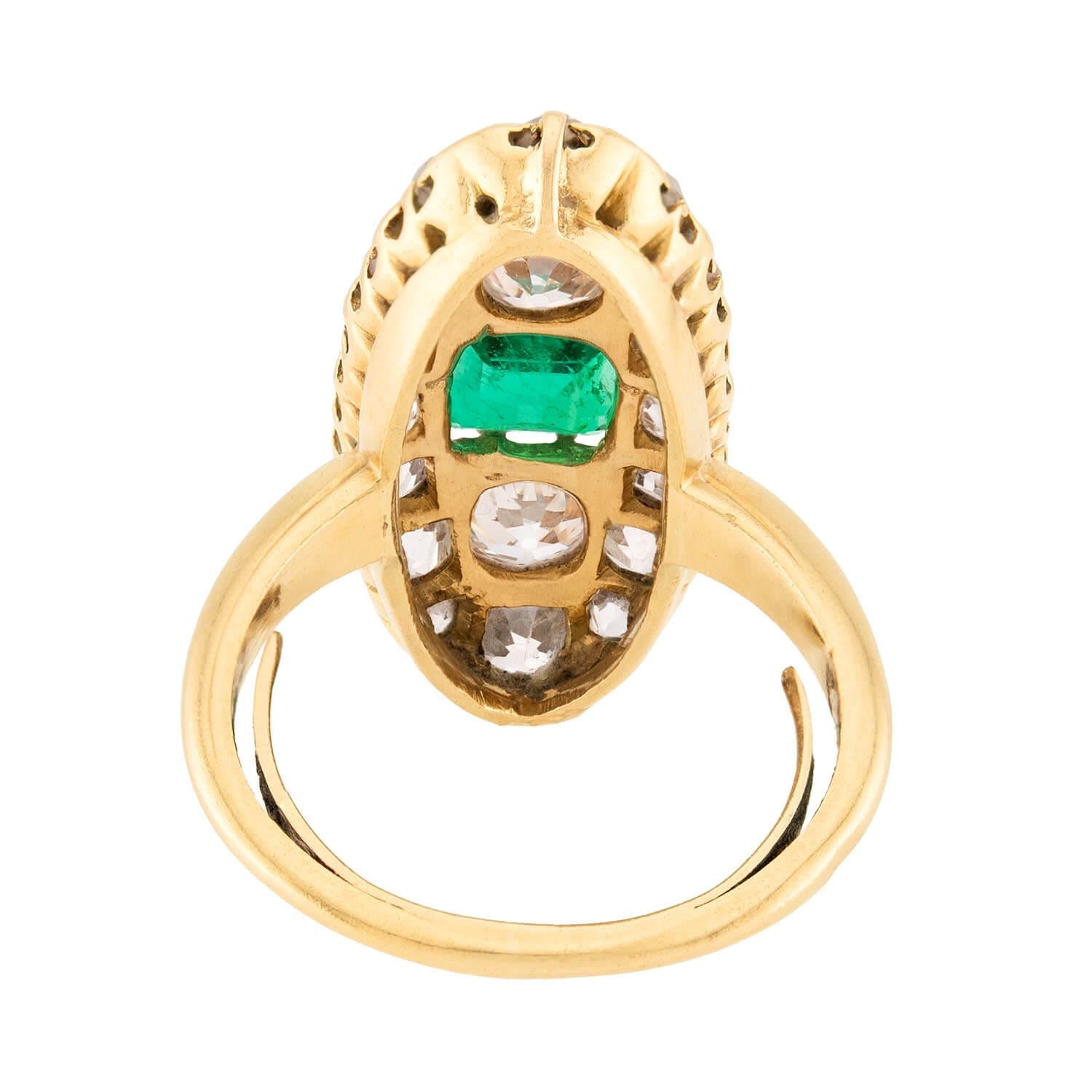 18k Gold Victorian French Emerald and Diamond Navette Ring – Elegant Vintage Jewelry for Weddings, Anniversaries & Special Occasions