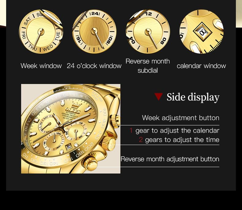 OLEVS Automatic Gold Watches for Men - Luxury Classic Stainless Steel Calendar Luminous Waterproof Watch - Perfect for Business, Formal Events & Everyday Wear